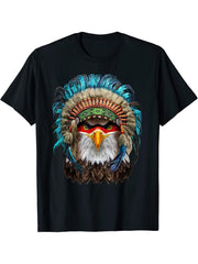 Bald Eagle in Native Indian Headdress - T-Shirt 180G 100% Cotton Printed Round Neck Short-Sleeve T-Shirt, Gifts for Men Dad Husband Grandpa, S-XXXL, Black