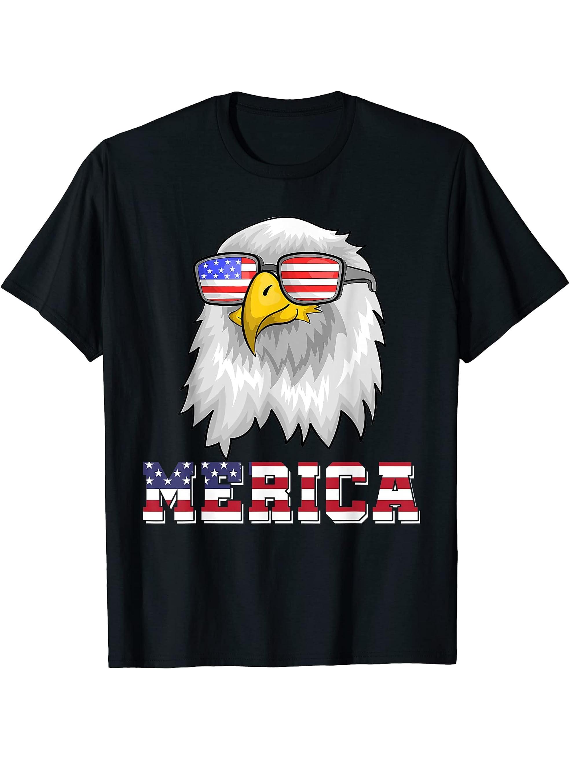 Cool Merica US Flag Sunglasses Patriot American Bald Eagle T-Shirt 180G 100% Cotton Printed Round Neck Short-Sleeve T-Shirt, Gifts for Men Dad Husband Grandpa, S-XXXL, Black