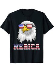 Cool Merica US Flag Sunglasses Patriot American Bald Eagle T-Shirt 180G 100% Cotton Printed Round Neck Short-Sleeve T-Shirt, Gifts for Men Dad Husband Grandpa, S-XXXL, Black