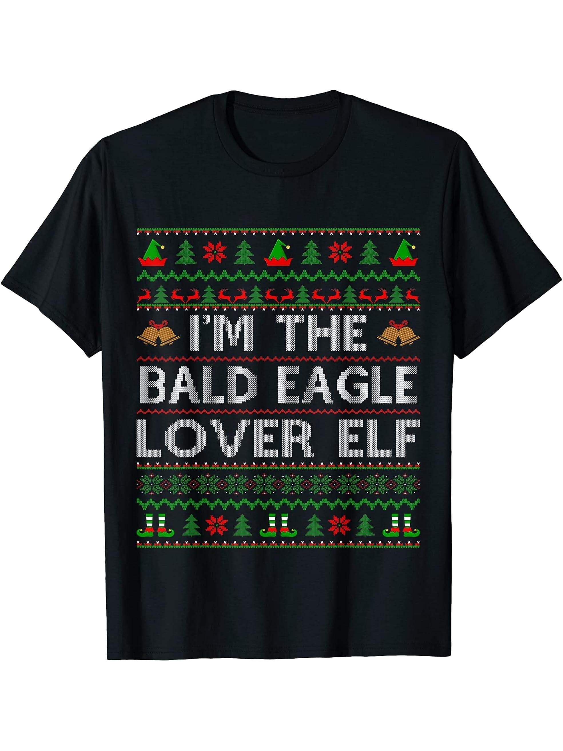 Family Matching Ugly I'm The Bald Eagle Lover Elf Christmas T-Shirt 180G 100% Cotton Printed Round Neck Short-Sleeve T-Shirt, Gifts for Men Dad Husband Grandpa, S-XXXL, Black
