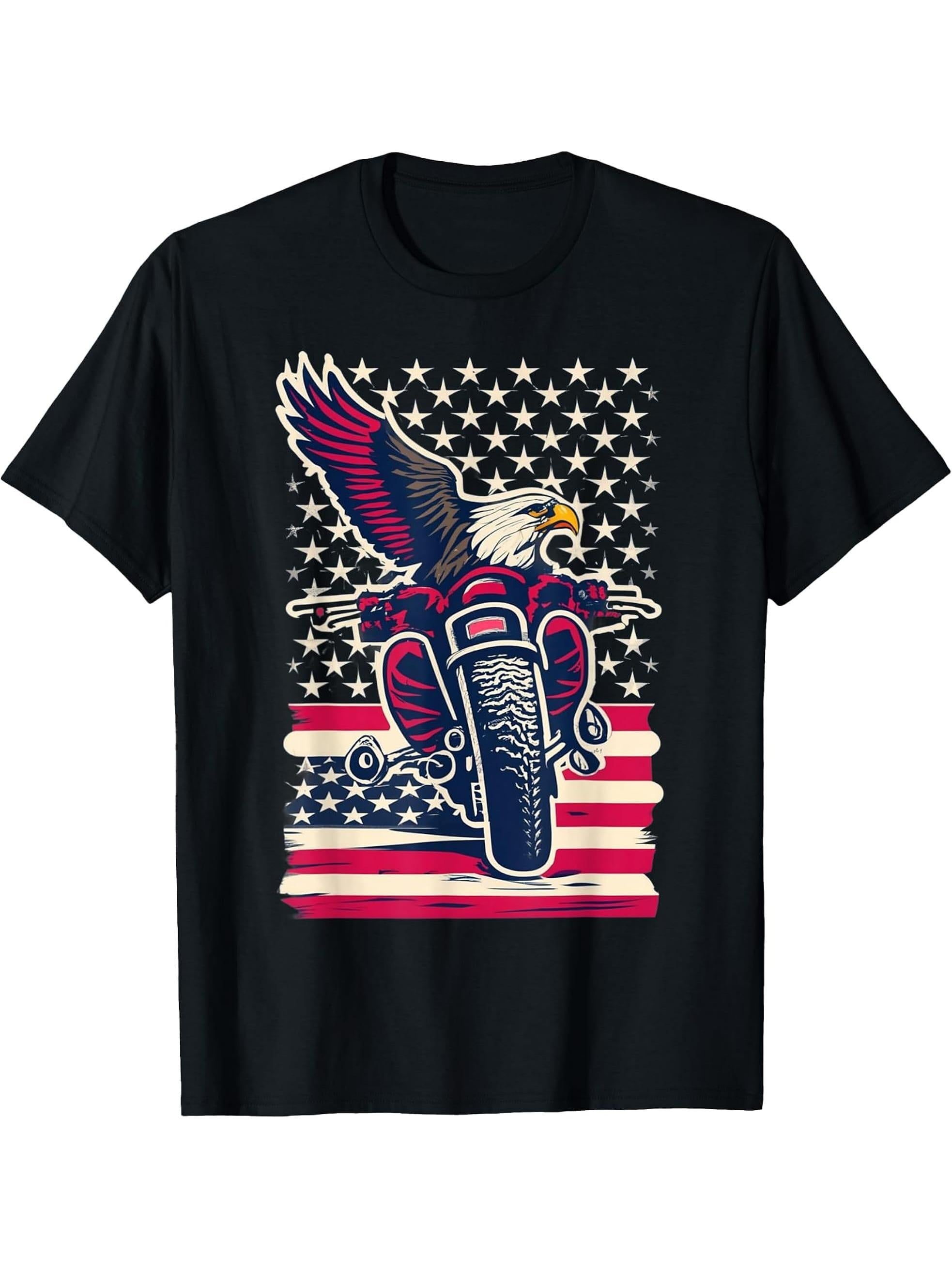 Cool America Bald Eagle as Biker Riding Motorcycle Funny T-Shirt 180G 100% Cotton Printed Round Neck Short-Sleeve T-Shirt, Gifts for Men Dad Husband Grandpa, S-XXXL, Black