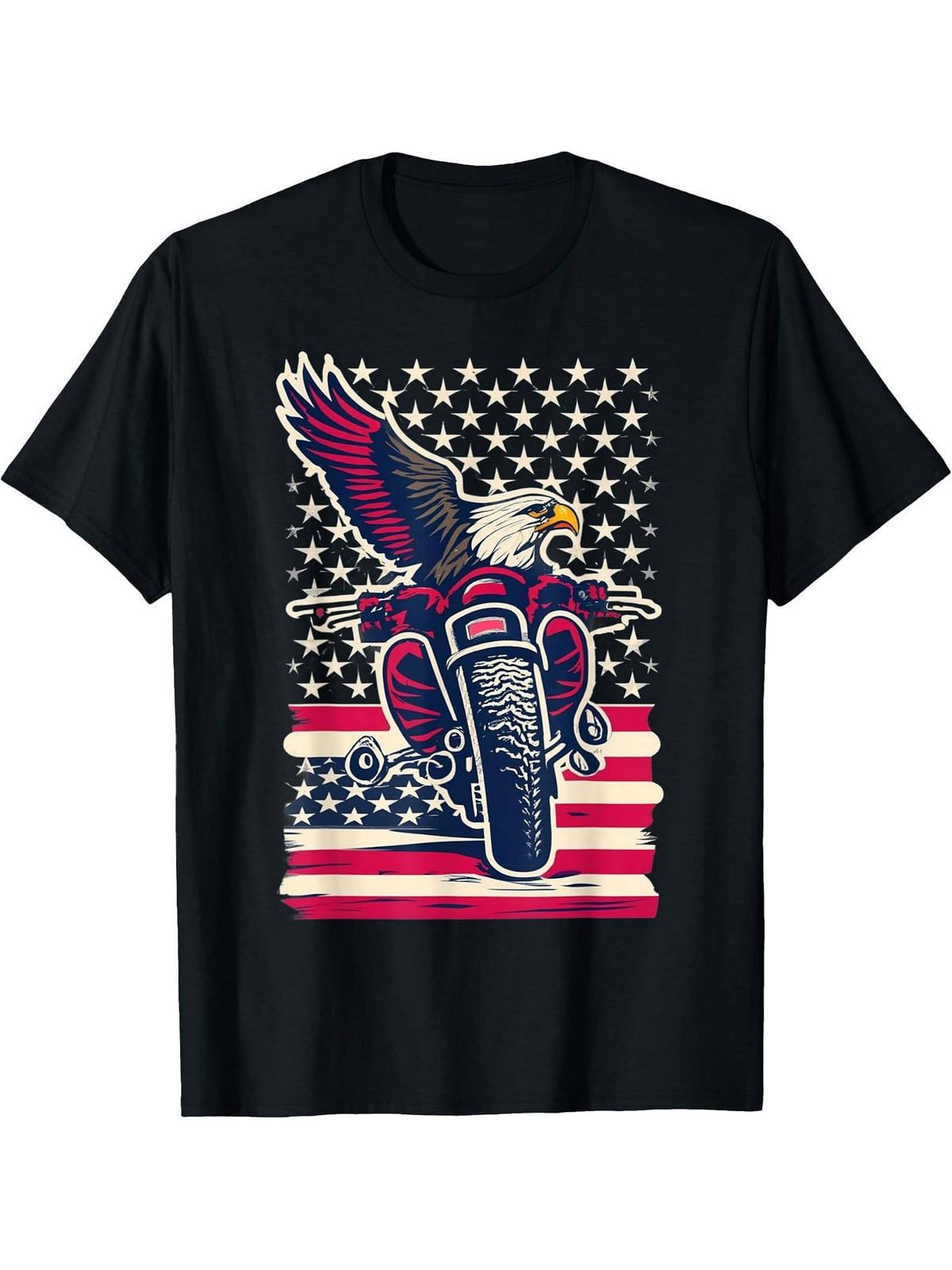 Cool America Bald Eagle as Biker Riding Motorcycle Funny T-Shirt 180G 100% Cotton Printed Round Neck Short-Sleeve T-Shirt, Gifts for Men Dad Husband Grandpa, S-XXXL, Black