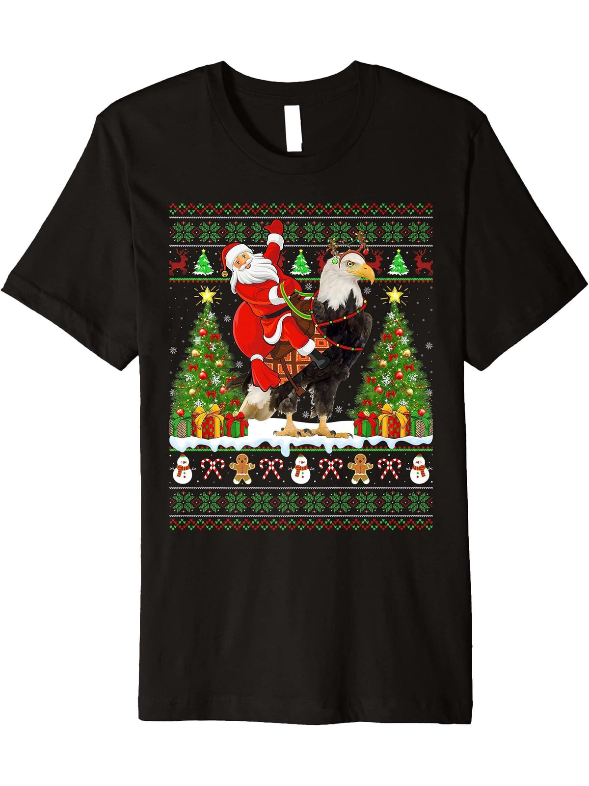 Bald Eagle Bird Lover Ugly Santa Riding Bald Eagle Christmas Premium T-Shirt 180G 100% Cotton Printed Round Neck Short-Sleeve T-Shirt, Gifts for Men Dad Husband Grandpa, S-XXXL, Black