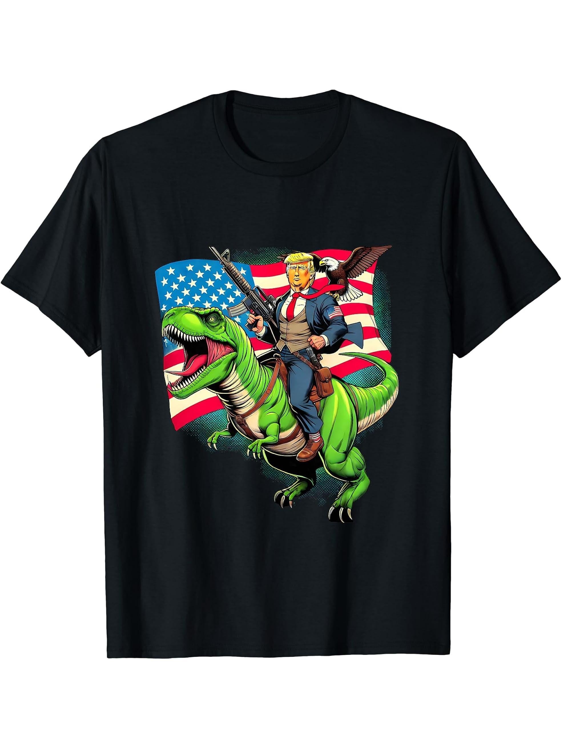 Bald Eagle US Flag Trump Riding A T-Rex T-Shirt 180G 100% Cotton Printed Round Neck Short-Sleeve T-Shirt, Gifts for Men Dad Husband Grandpa, S-XXXL, Black