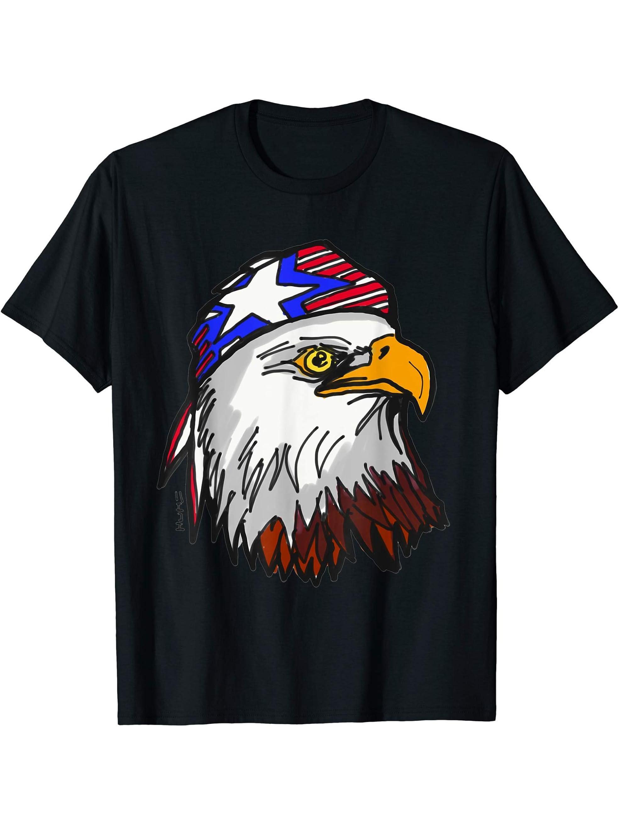 American Bald Eagle with American Bandana Celebrates July 4 T-Shirt 180G 100% Cotton Printed Round Neck Short-Sleeve T-Shirt, Gifts for Men Dad Husband Grandpa, S-XXXL, Black