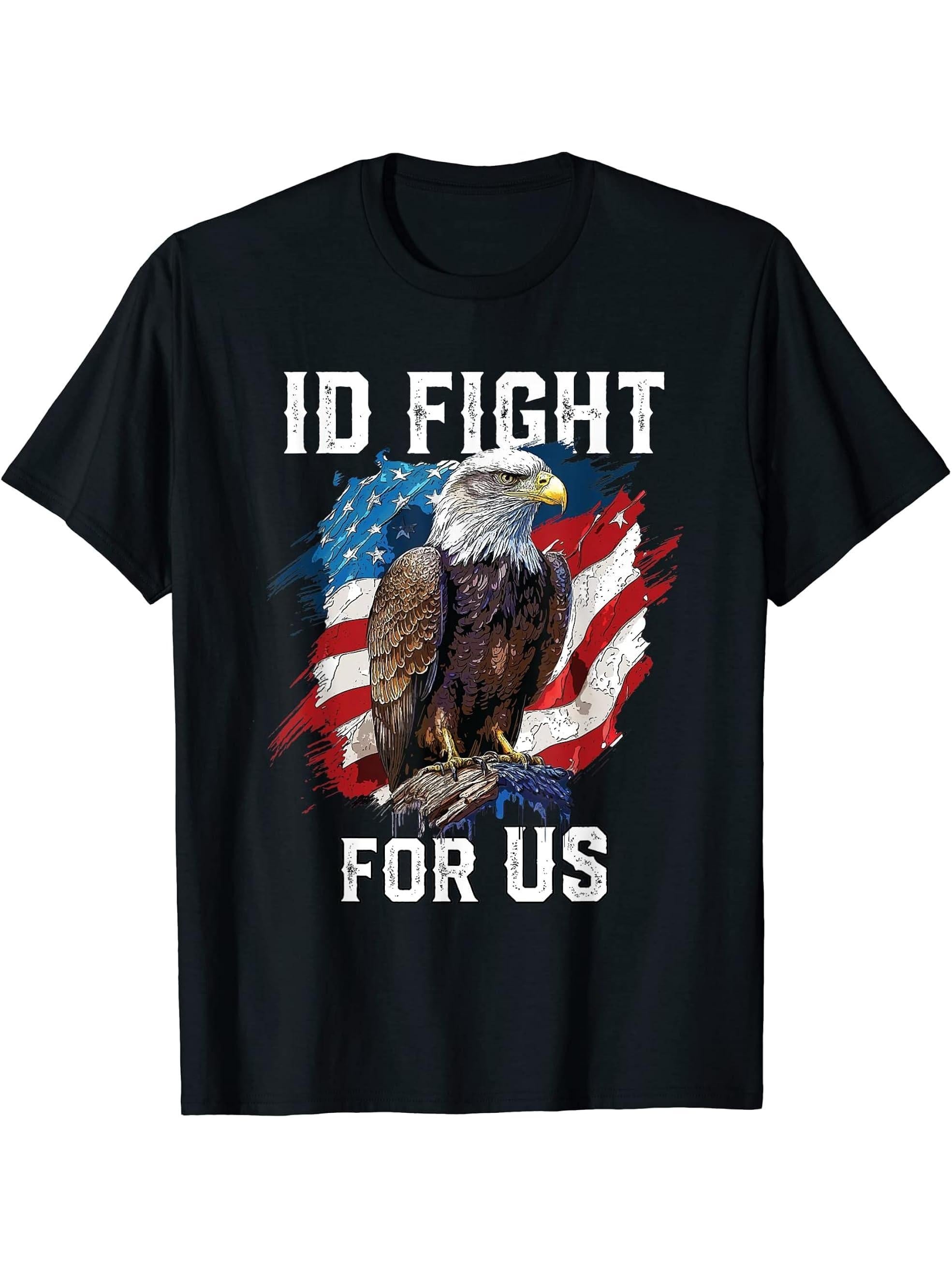 I'd Fight for US American Bald Eagle America USA Flag T-Shirt 180G 100% Cotton Printed Round Neck Short-Sleeve T-Shirt, Gifts for Men Dad Husband Grandpa, S-XXXL, Black