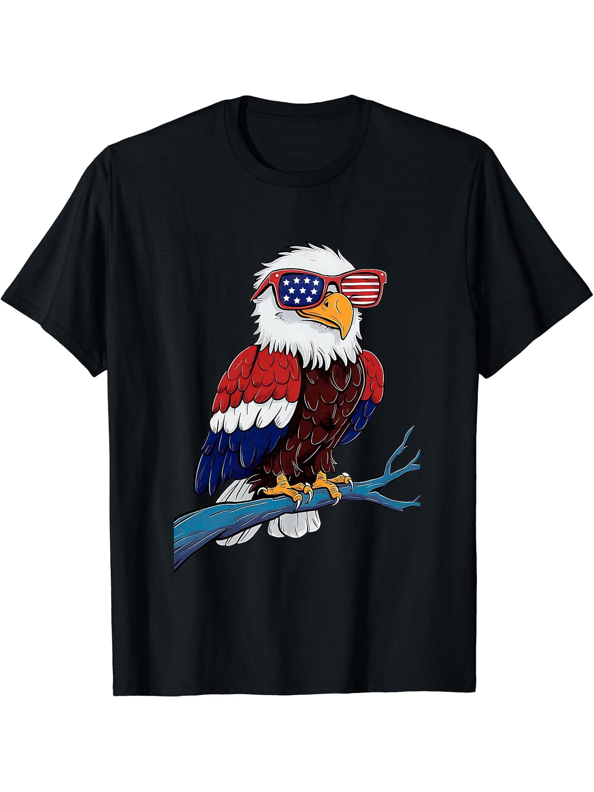 Bald Eagle Sunglasses American Flag 4th Of July Patriotic T-Shirt 180G 100% Cotton Printed Round Neck Short-Sleeve T-Shirt, Gifts for Men Dad Husband Grandpa, S-XXXL, Black