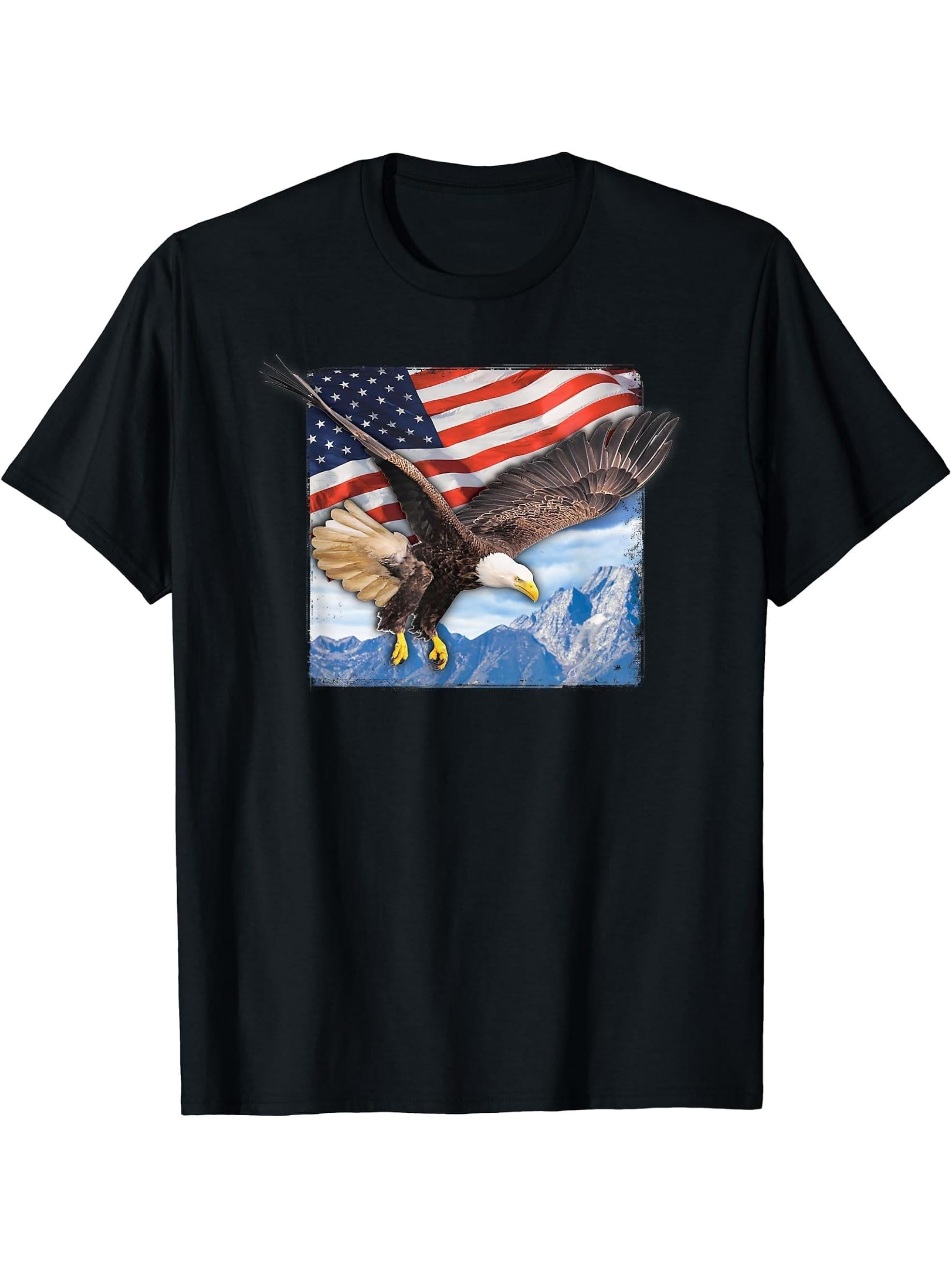 American Flag and Bald Eagle T-shirt, US USA Patriotic Tee 180G 100% Cotton Printed Round Neck Short-Sleeve T-Shirt, Gifts for Men Dad Husband Grandpa, S-XXXL, Black