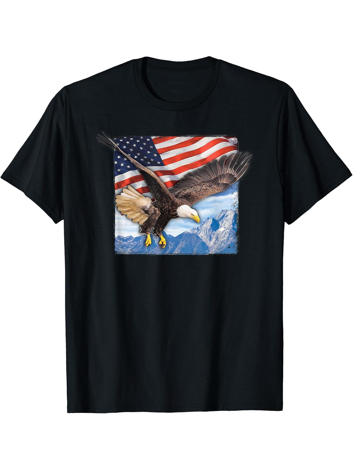 American Flag and Bald Eagle T-shirt, US USA Patriotic Tee 180G 100% Cotton Printed Round Neck Short-Sleeve T-Shirt, Gifts for Men Dad Husband Grandpa, S-XXXL, Black