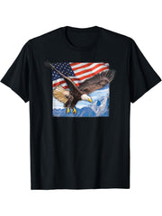 American Flag and Bald Eagle T-shirt, US USA Patriotic Tee 180G 100% Cotton Printed Round Neck Short-Sleeve T-Shirt, Gifts for Men Dad Husband Grandpa, S-XXXL, Black