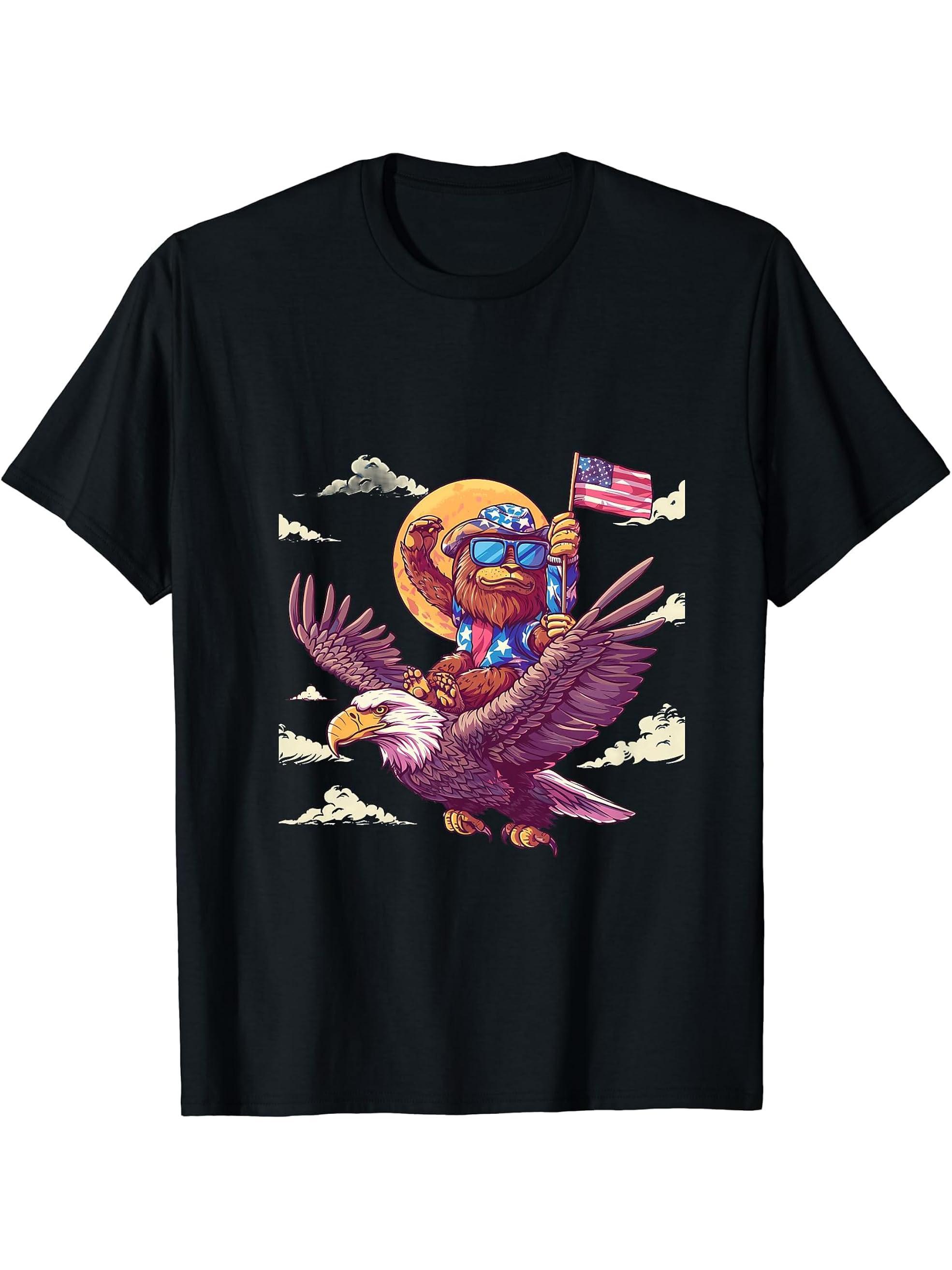 Fourth Of July Bald Eagle Monkey American Flag Patriotic T-Shirt 180G 100% Cotton Printed Round Neck Short-Sleeve T-Shirt, Gifts for Men Dad Husband Grandpa, S-XXXL, Black