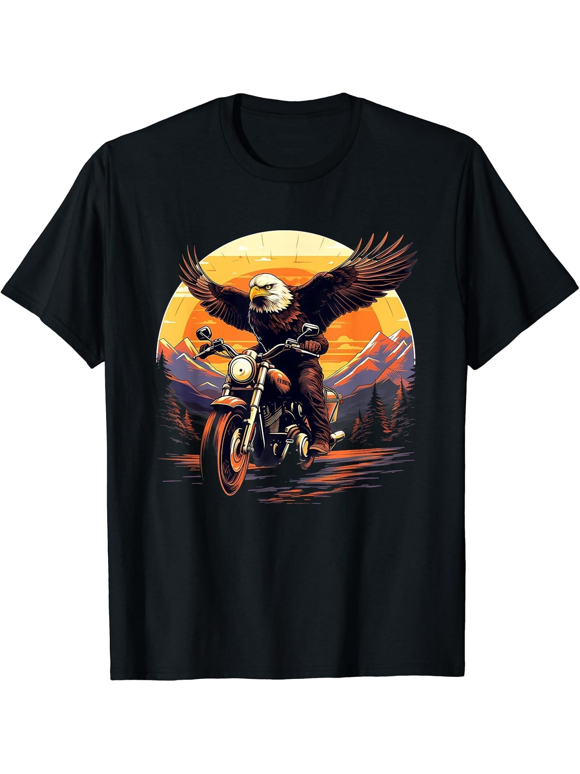 Biker Bald Eagle Riding Motorbike T-Shirt 180G 100% Cotton Printed Round Neck Short-Sleeve T-Shirt, Gifts for Men Dad Husband Grandpa, S-XXXL, Black