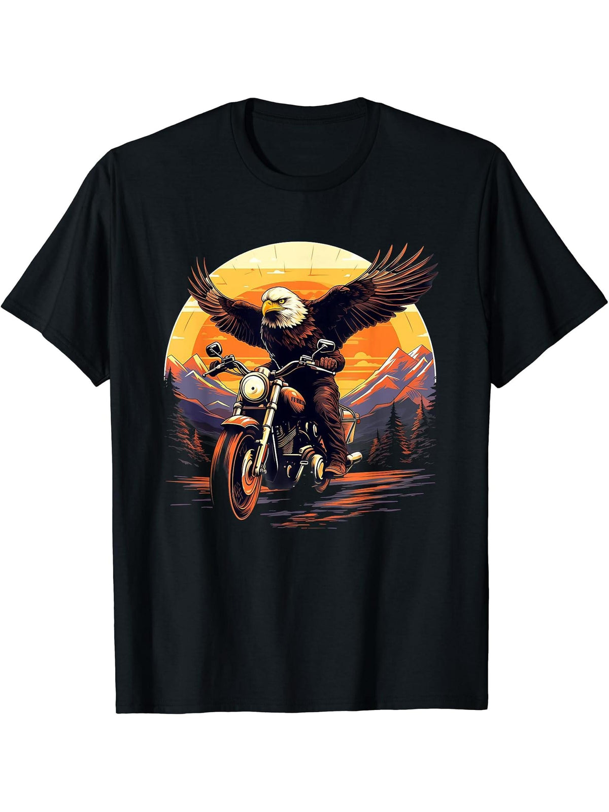 Biker Bald Eagle Riding Motorbike T-Shirt 180G 100% Cotton Printed Round Neck Short-Sleeve T-Shirt, Gifts for Men Dad Husband Grandpa, S-XXXL, Black
