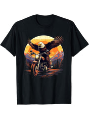Biker Bald Eagle Riding Motorbike T-Shirt 180G 100% Cotton Printed Round Neck Short-Sleeve T-Shirt, Gifts for Men Dad Husband Grandpa, S-XXXL, Black