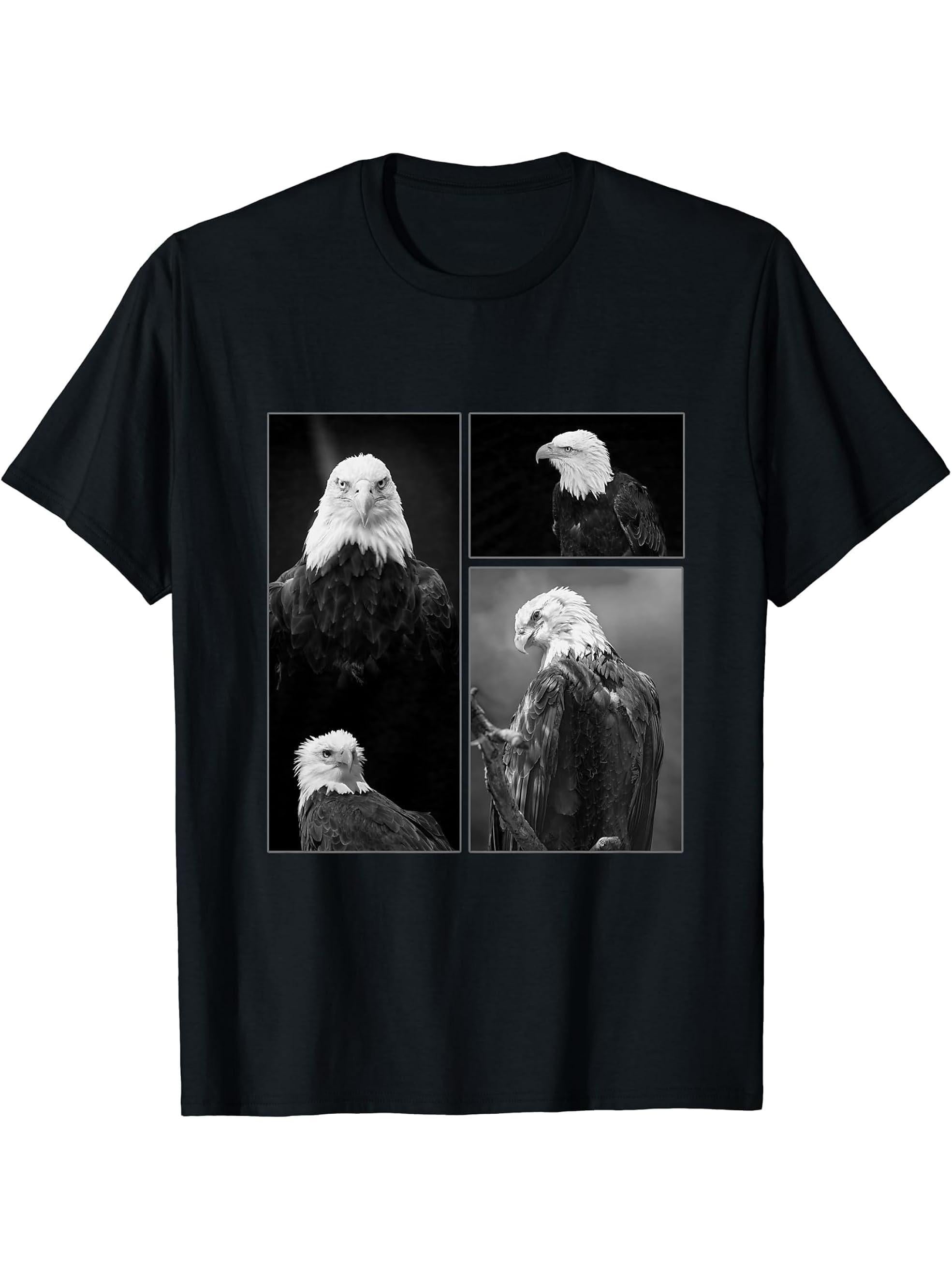 American Nature Bald Eagles Portrait Funny Animal Photobooth T-Shirt 180G 100% Cotton Printed Round Neck Short-Sleeve T-Shirt, Gifts for Men Dad Husband Grandpa, S-XXXL, Black