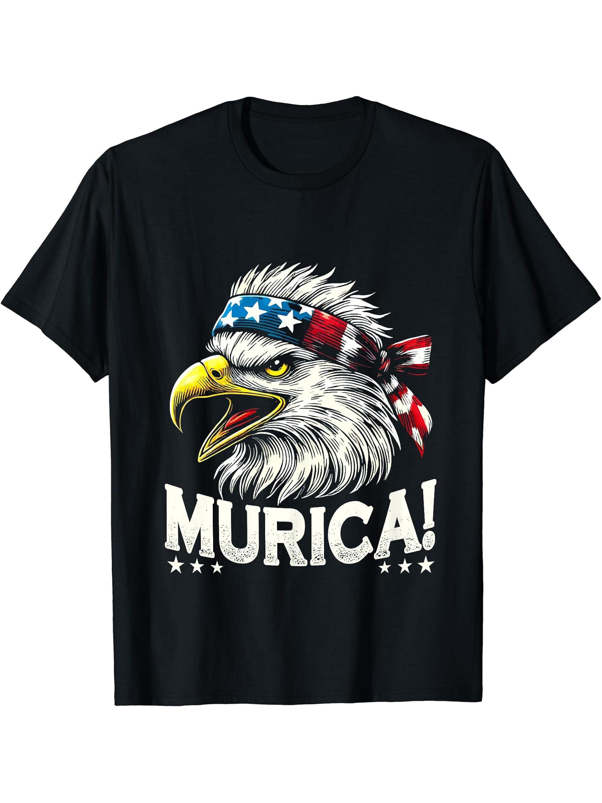 Bald Eagle US Flag Murica! Patriotic American July 4th T-Shirt 180G 100% Cotton Printed Round Neck Short-Sleeve T-Shirt, Gifts for Men Dad Husband Grandpa, S-XXXL, Black