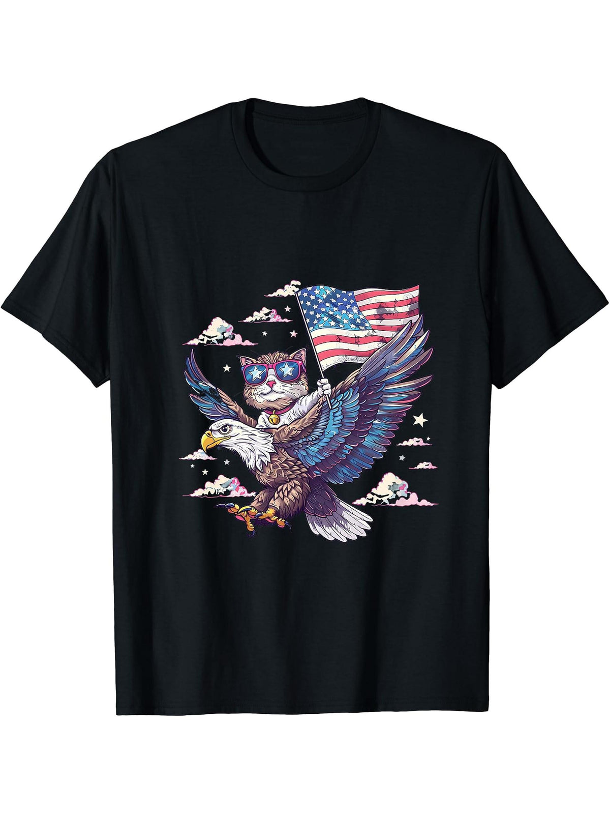Funny 4th Of July Bald Eagle Cat Patriotic USA American Flag T-Shirt 180G 100% Cotton Printed Round Neck Short-Sleeve T-Shirt, Gifts for Men Dad Husband Grandpa, S-XXXL, Black