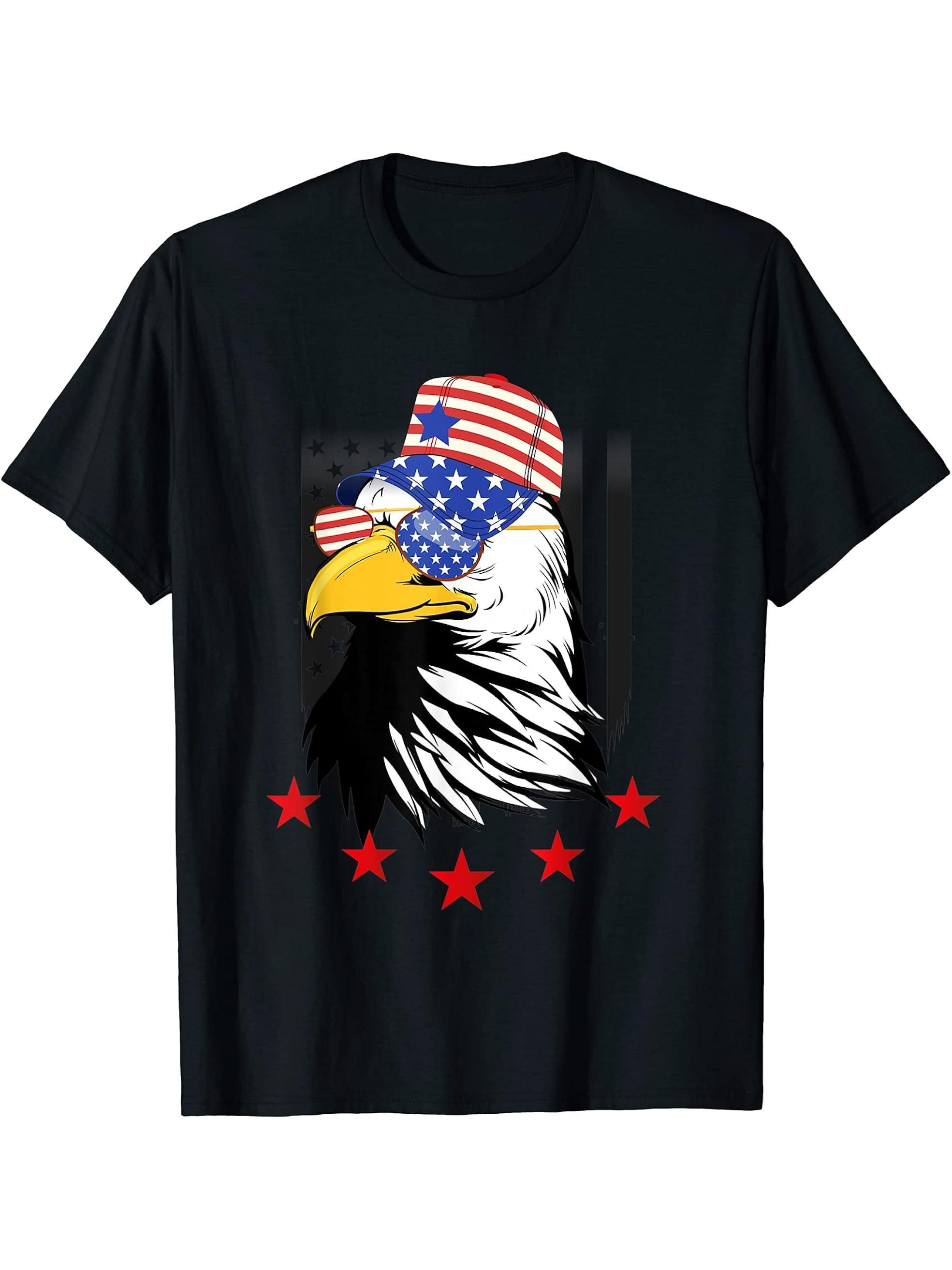 america patriotic or 4th of July or american flag bald eagle T-Shirt 180G 100% Cotton Printed Round Neck Short-Sleeve T-Shirt, Gifts for Men Dad Husband Grandpa, S-XXXL, Black