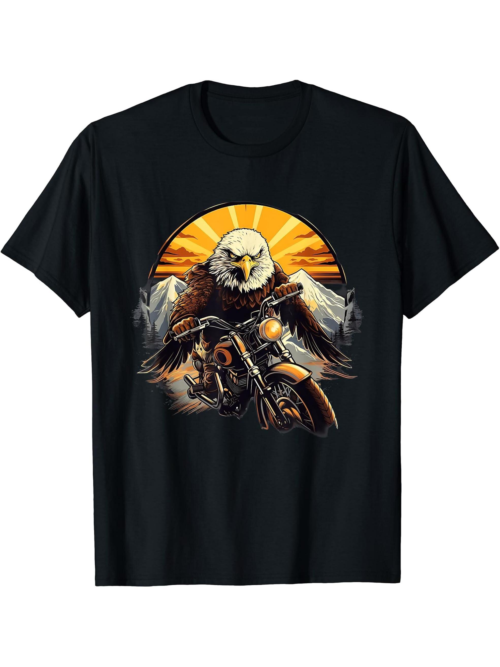 Biker Bald Eagle Riding Motorcycle T-Shirt 180G 100% Cotton Printed Round Neck Short-Sleeve T-Shirt, Gifts for Men Dad Husband Grandpa, S-XXXL, Black
