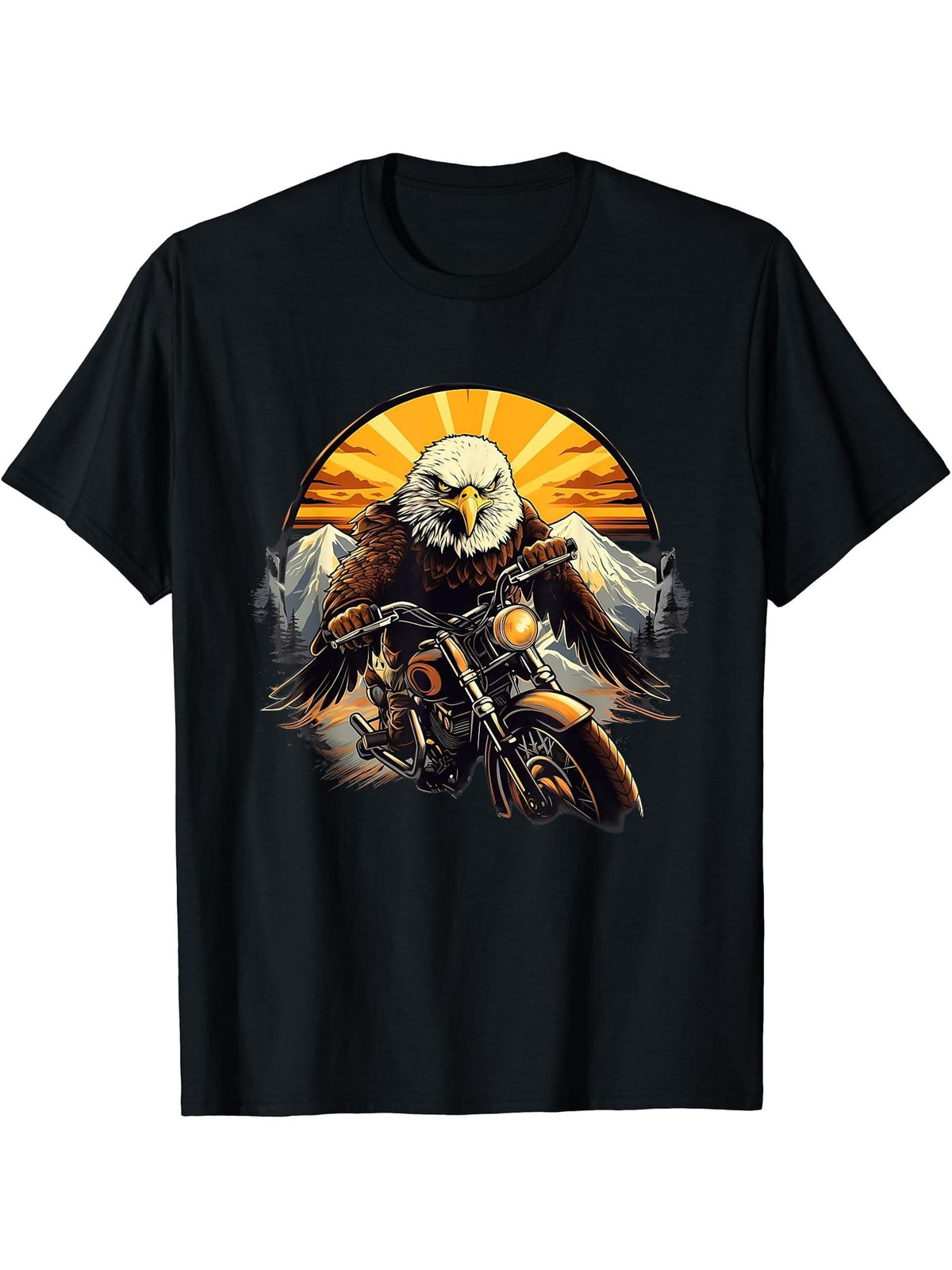 Biker Bald Eagle Riding Motorcycle T-Shirt 180G 100% Cotton Printed Round Neck Short-Sleeve T-Shirt, Gifts for Men Dad Husband Grandpa, S-XXXL, Black