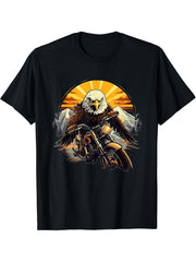 Biker Bald Eagle Riding Motorcycle T-Shirt 180G 100% Cotton Printed Round Neck Short-Sleeve T-Shirt, Gifts for Men Dad Husband Grandpa, S-XXXL, Black