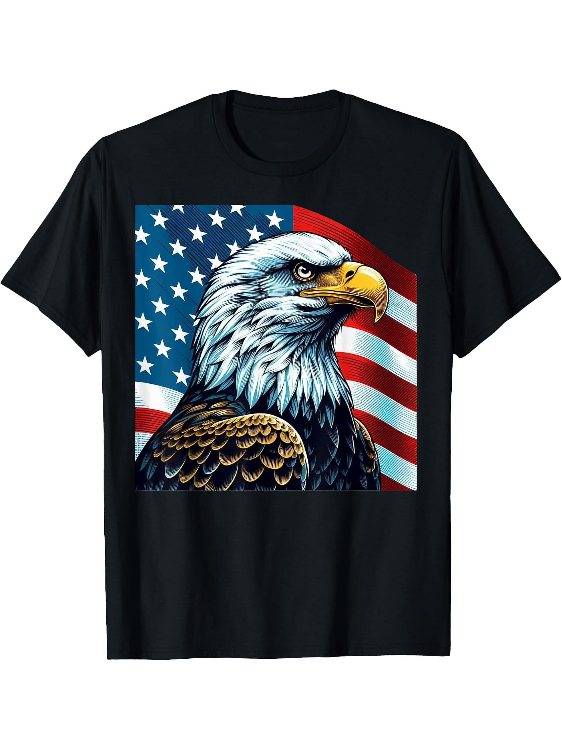 Freedom's Wings: Majestic Bald Eagle & American Flag Emblem T-Shirt 180G 100% Cotton Printed Round Neck Short-Sleeve T-Shirt, Gifts for Men Dad Husband Grandpa, S-XXXL, Black