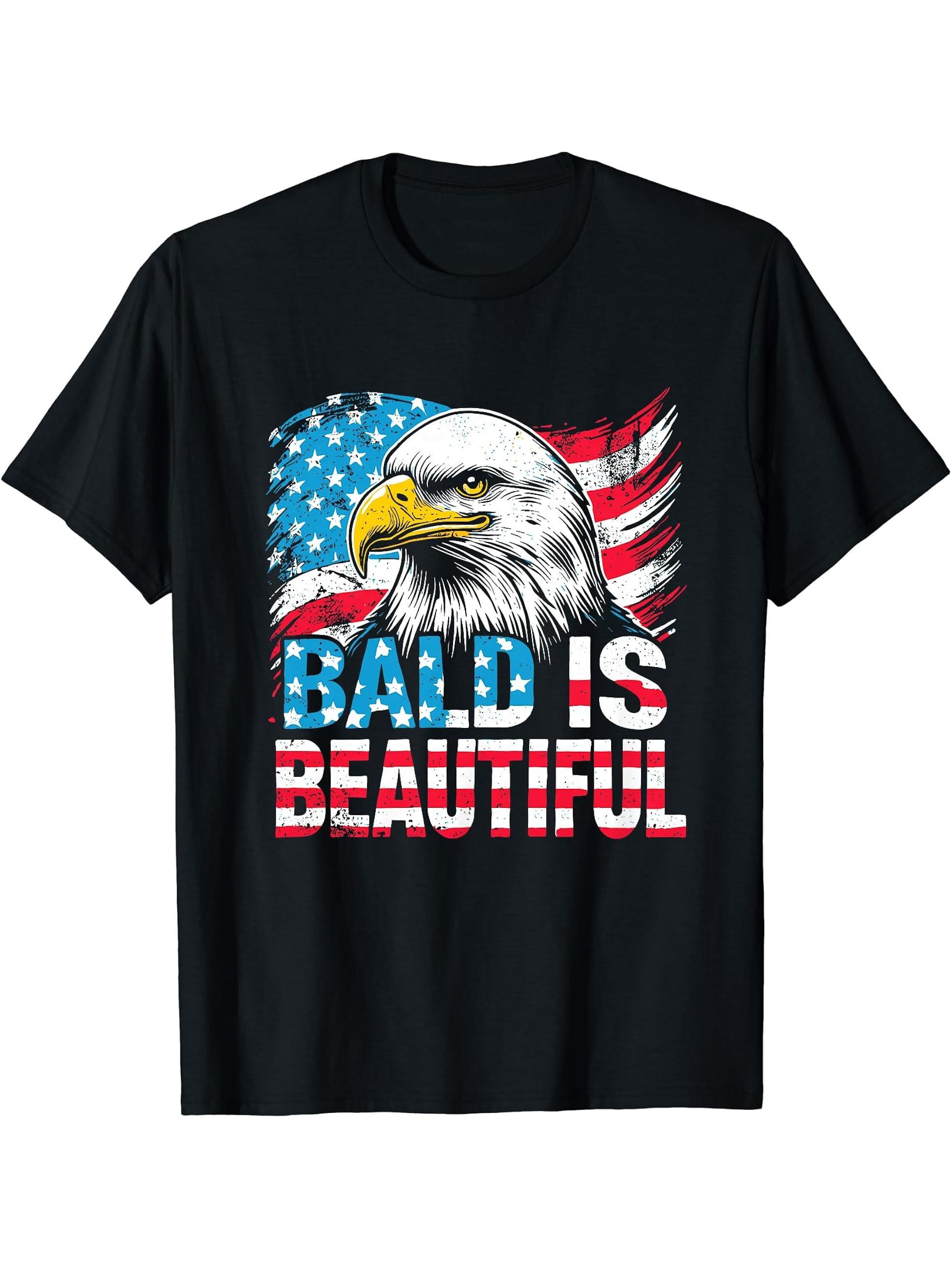 Bald Is Beautiful 4th of July Independence Day Bald Eagle T-Shirt 180G 100% Cotton Printed Round Neck Short-Sleeve T-Shirt, Gifts for Men Dad Husband Grandpa, S-XXXL, Black