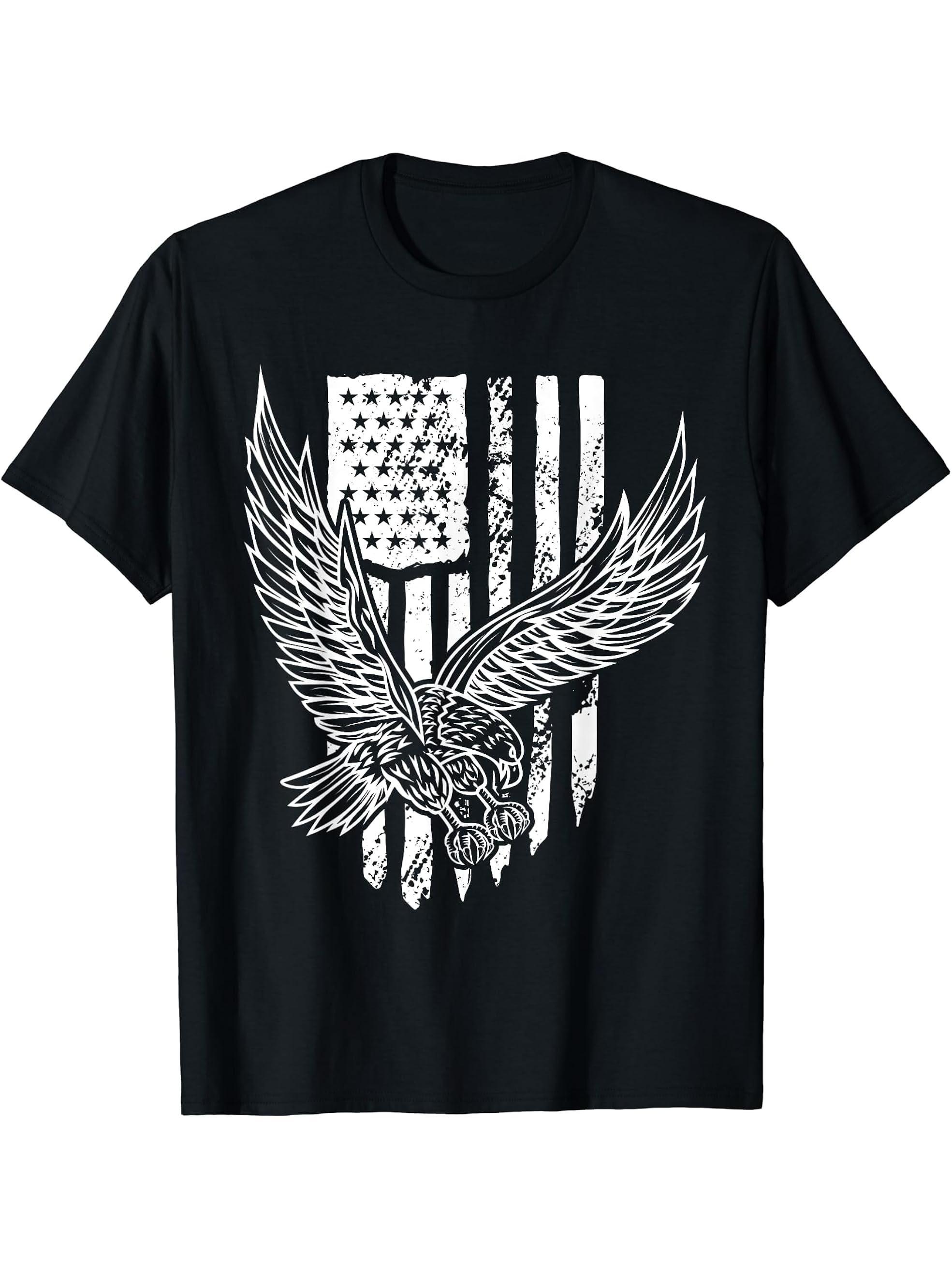 American Bald Eagle Eyes USA Flag Patriotic T-Shirt 180G 100% Cotton Printed Round Neck Short-Sleeve T-Shirt, Gifts for Men Dad Husband Grandpa, S-XXXL, Black