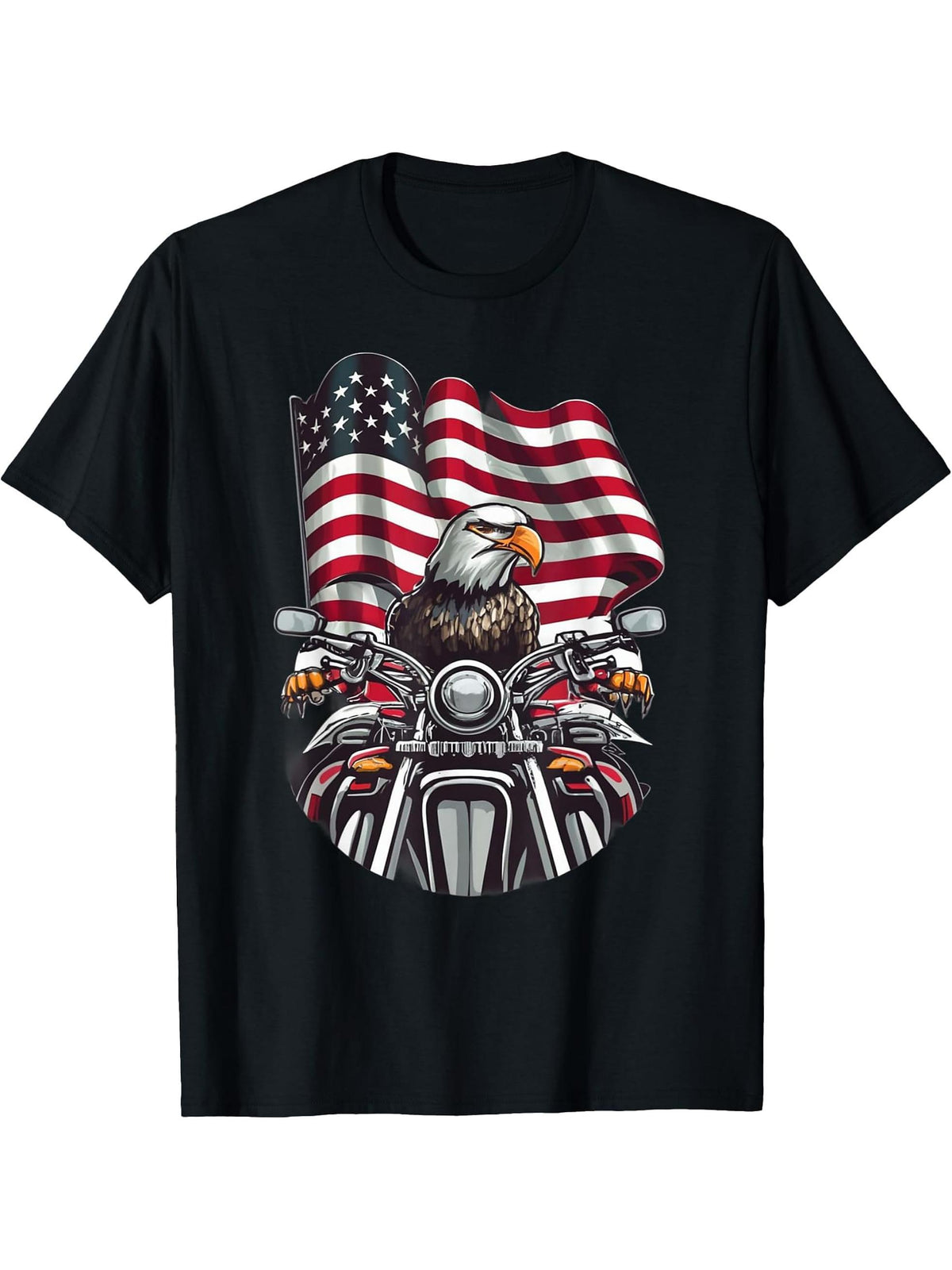 Cool America Bald Eagle as Biker Riding Motorcycle Funny T-Shirt 180G 100% Cotton Printed Round Neck Short-Sleeve T-Shirt, Gifts for Men Dad Husband Grandpa, S-XXXL, Black