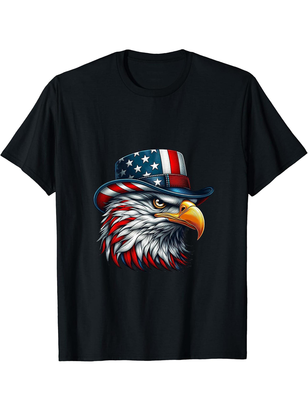 American bald eagle wearing uncle sam hat T-Shirt 180G 100% Cotton Printed Round Neck Short-Sleeve T-Shirt, Gifts for Men Dad Husband Grandpa, S-XXXL, Black