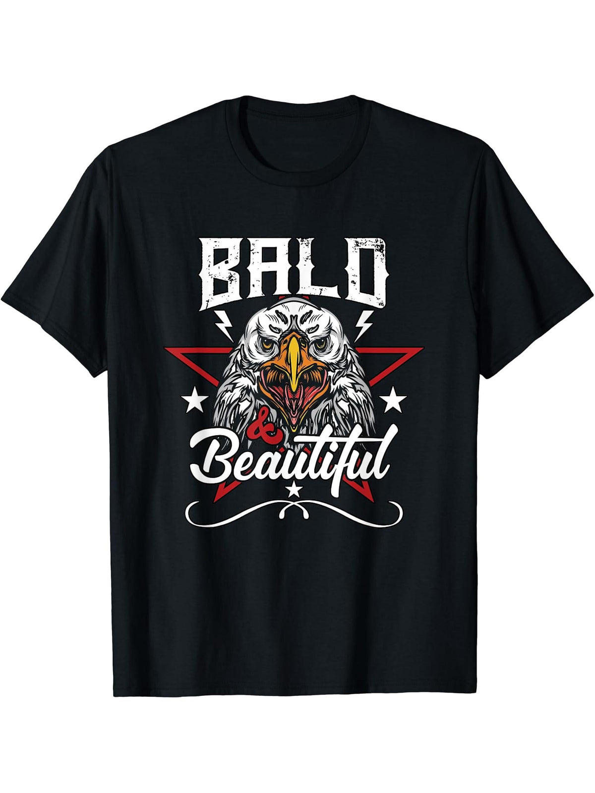 Bald & Beautiful National Bird - Bald Eagle T-Shirt 180G 100% Cotton Printed Round Neck Short-Sleeve T-Shirt, Gifts for Men Dad Husband Grandpa, S-XXXL, Black