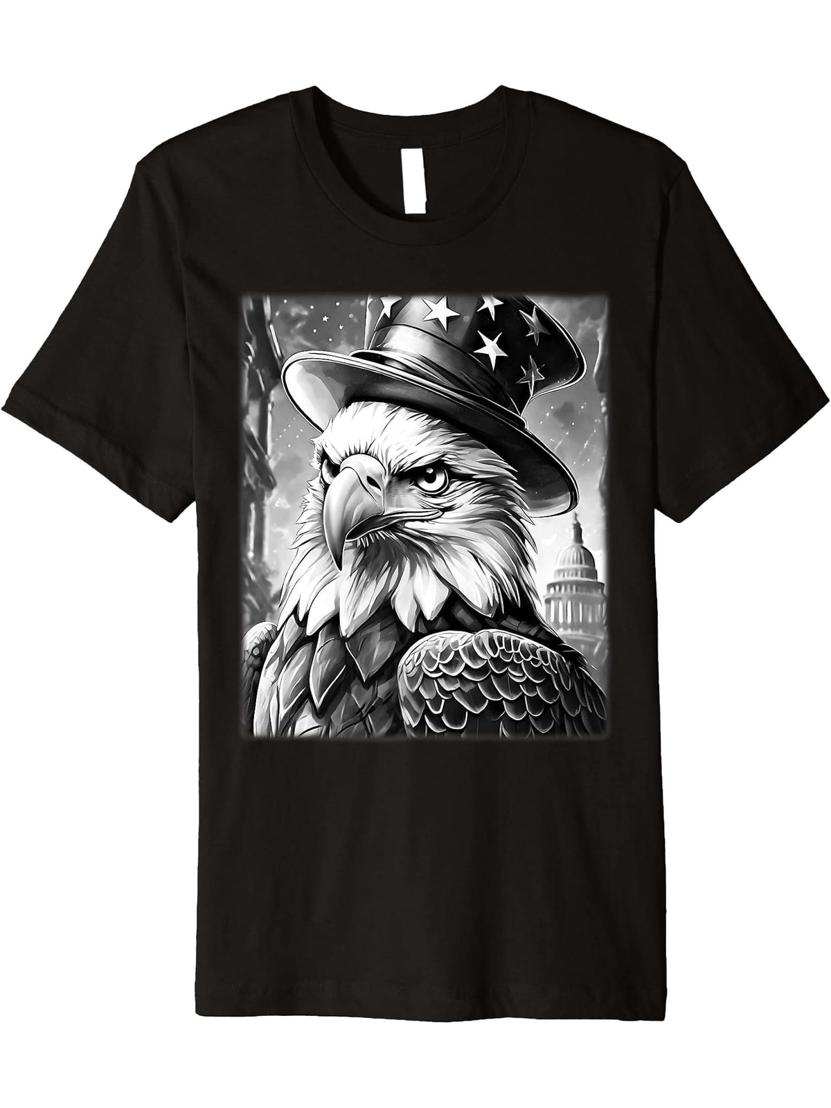 American Meme Bald Eagle Patriotic Flag Lincoln Hat Capitol Premium T-Shirt 180G 100% Cotton Printed Round Neck Short-Sleeve T-Shirt, Gifts for Men Dad Husband Grandpa, S-XXXL, Black