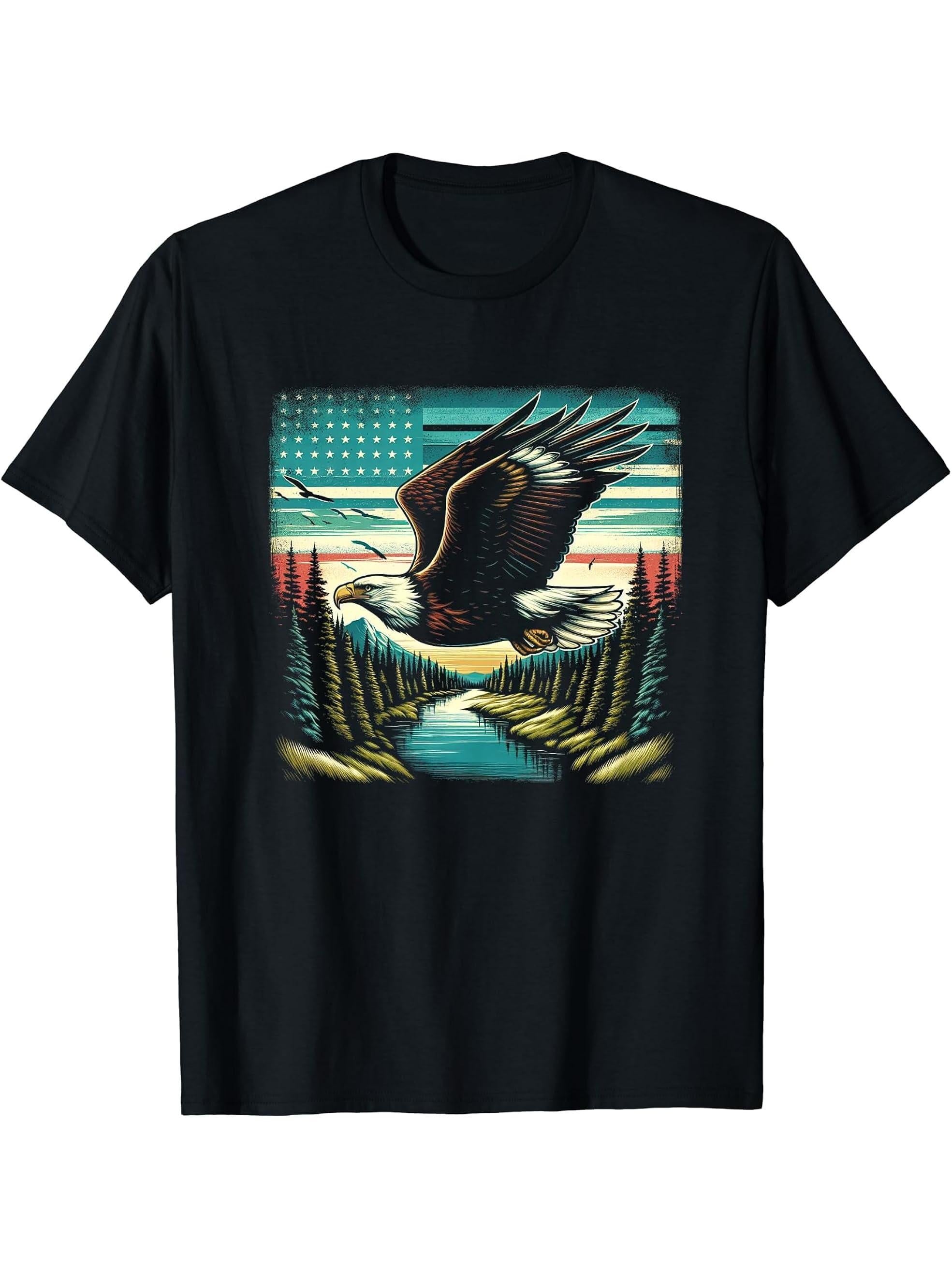 Bald Eagle Soaring Over Patriotic Landscape T-Shirt 180G 100% Cotton Printed Round Neck Short-Sleeve T-Shirt, Gifts for Men Dad Husband Grandpa, S-XXXL, Black