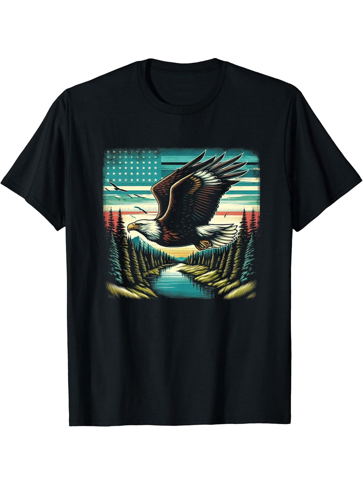 Bald Eagle Soaring Over Patriotic Landscape T-Shirt 180G 100% Cotton Printed Round Neck Short-Sleeve T-Shirt, Gifts for Men Dad Husband Grandpa, S-XXXL, Black