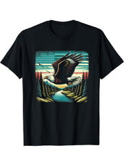 Bald Eagle Soaring Over Patriotic Landscape T-Shirt 180G 100% Cotton Printed Round Neck Short-Sleeve T-Shirt, Gifts for Men Dad Husband Grandpa, S-XXXL, Black