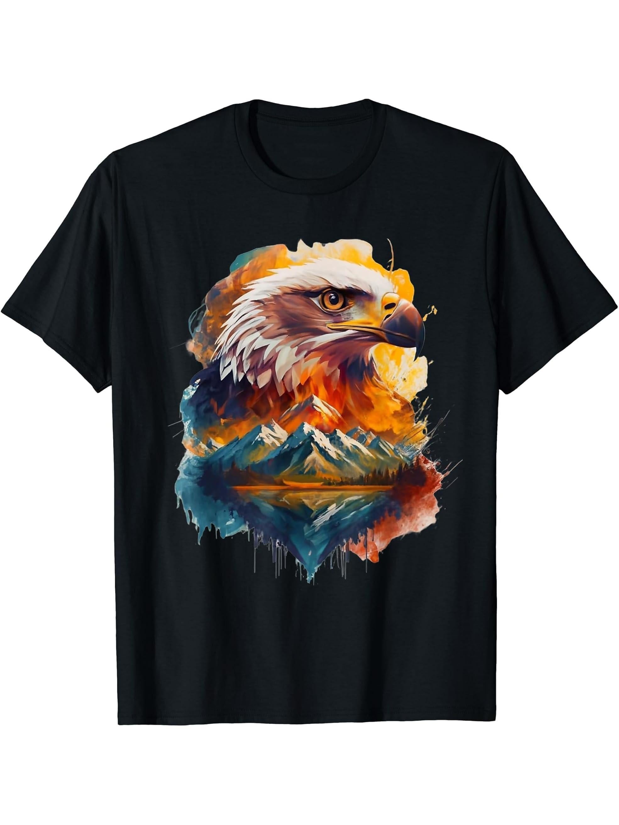Double Exposure Bald Eagle with Mountain Forest Wildlife T-Shirt 180G 100% Cotton Printed Round Neck Short-Sleeve T-Shirt, Gifts for Men Dad Husband Grandpa, S-XXXL, Black
