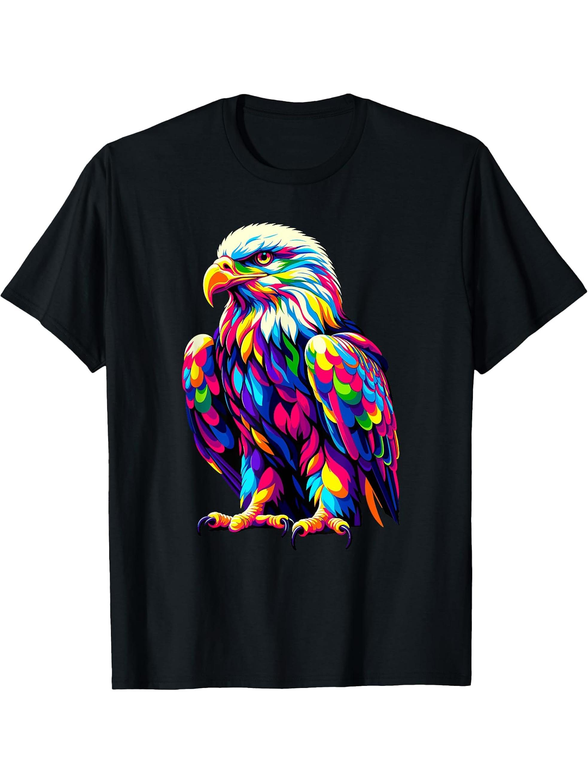 Colorful Pop Art Bald Eagle Bald Eagles T-Shirt 180G 100% Cotton Printed Round Neck Short-Sleeve T-Shirt, Gifts for Men Dad Husband Grandpa, S-XXXL, Black