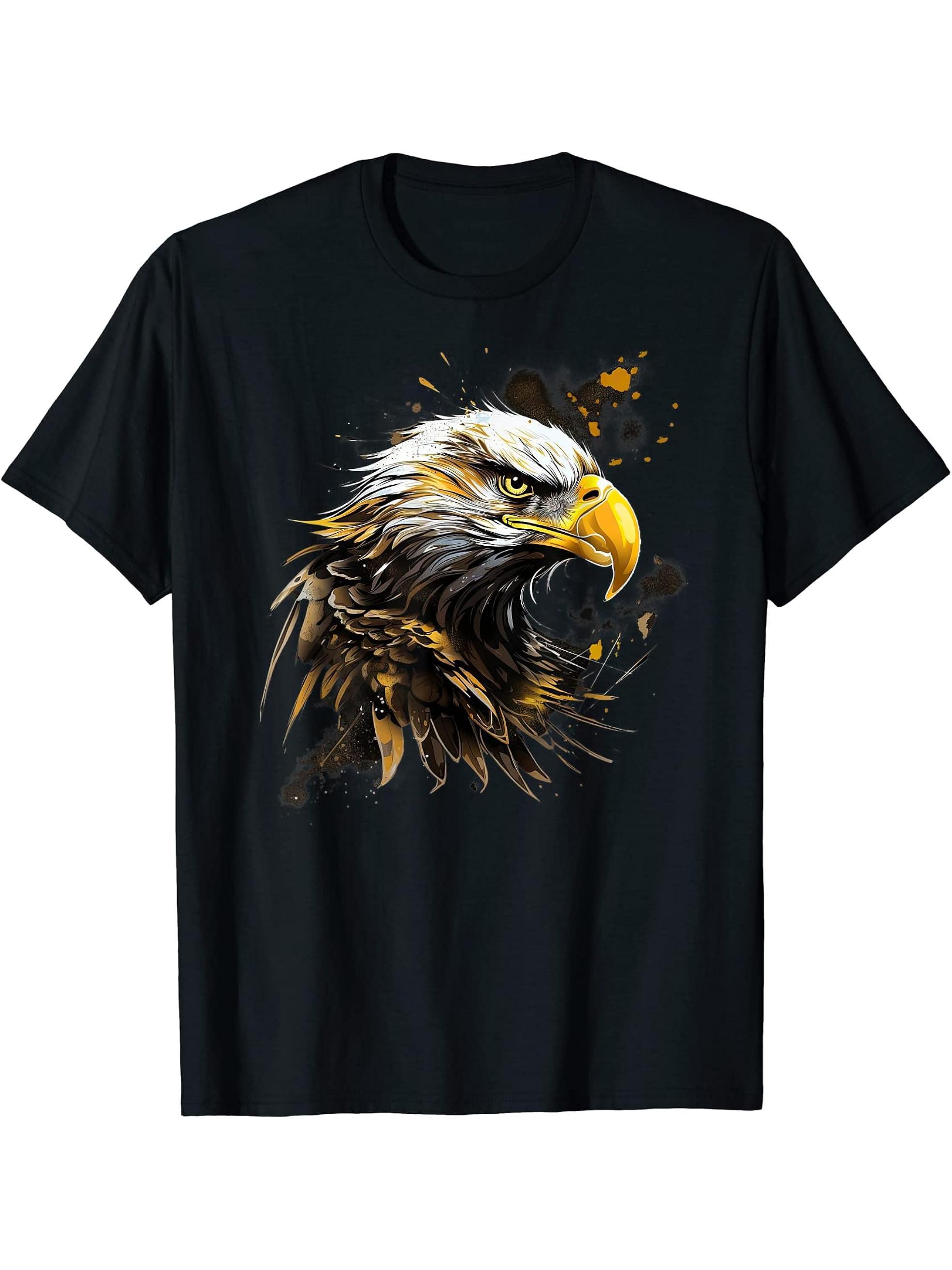 Electric American Bald Eagle Patriotic Strength T-Shirt 180G 100% Cotton Printed Round Neck Short-Sleeve T-Shirt, Gifts for Men Dad Husband Grandpa, S-XXXL, Black