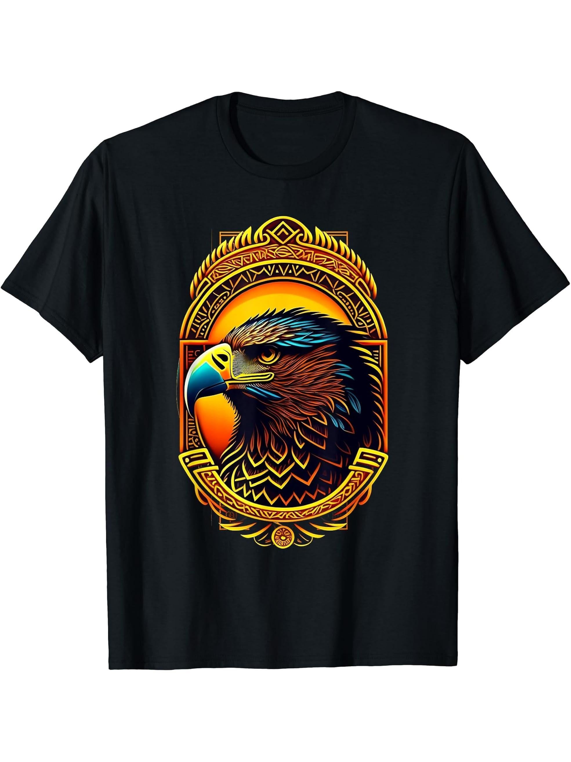 Golden American bald eagle with National American flag T-Shirt 180G 100% Cotton Printed Round Neck Short-Sleeve T-Shirt, Gifts for Men Dad Husband Grandpa, S-XXXL, Black