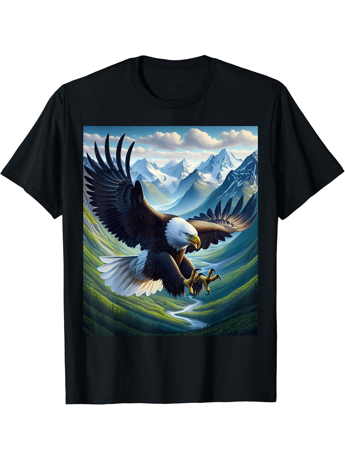 Bald Eagle Flight Mountain Landscape T-Shirt 180G 100% Cotton Printed Round Neck Short-Sleeve T-Shirt, Gifts for Men Dad Husband Grandpa, S-XXXL, Black