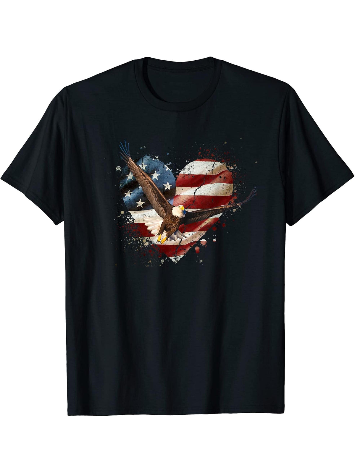 Flying Bald Eagle Vintage American Flag Heart 4th of July T-Shirt 180G 100% Cotton Printed Round Neck Short-Sleeve T-Shirt, Gifts for Men Dad Husband Grandpa, S-XXXL, Black