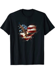 Flying Bald Eagle Vintage American Flag Heart 4th of July T-Shirt 180G 100% Cotton Printed Round Neck Short-Sleeve T-Shirt, Gifts for Men Dad Husband Grandpa, S-XXXL, Black