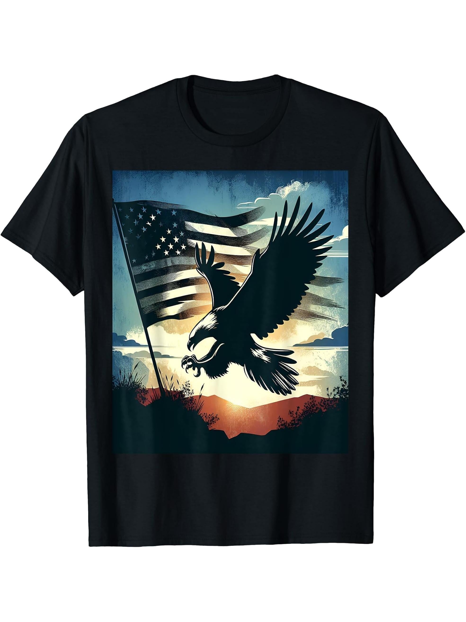 Bald Eagle Hunting With Flag In Sky T-Shirt 180G 100% Cotton Printed Round Neck Short-Sleeve T-Shirt, Gifts for Men Dad Husband Grandpa, S-XXXL, Black