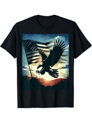 Bald Eagle Hunting With Flag In Sky T-Shirt 180G 100% Cotton Printed Round Neck Short-Sleeve T-Shirt, Gifts for Men Dad Husband Grandpa, S-XXXL, Black