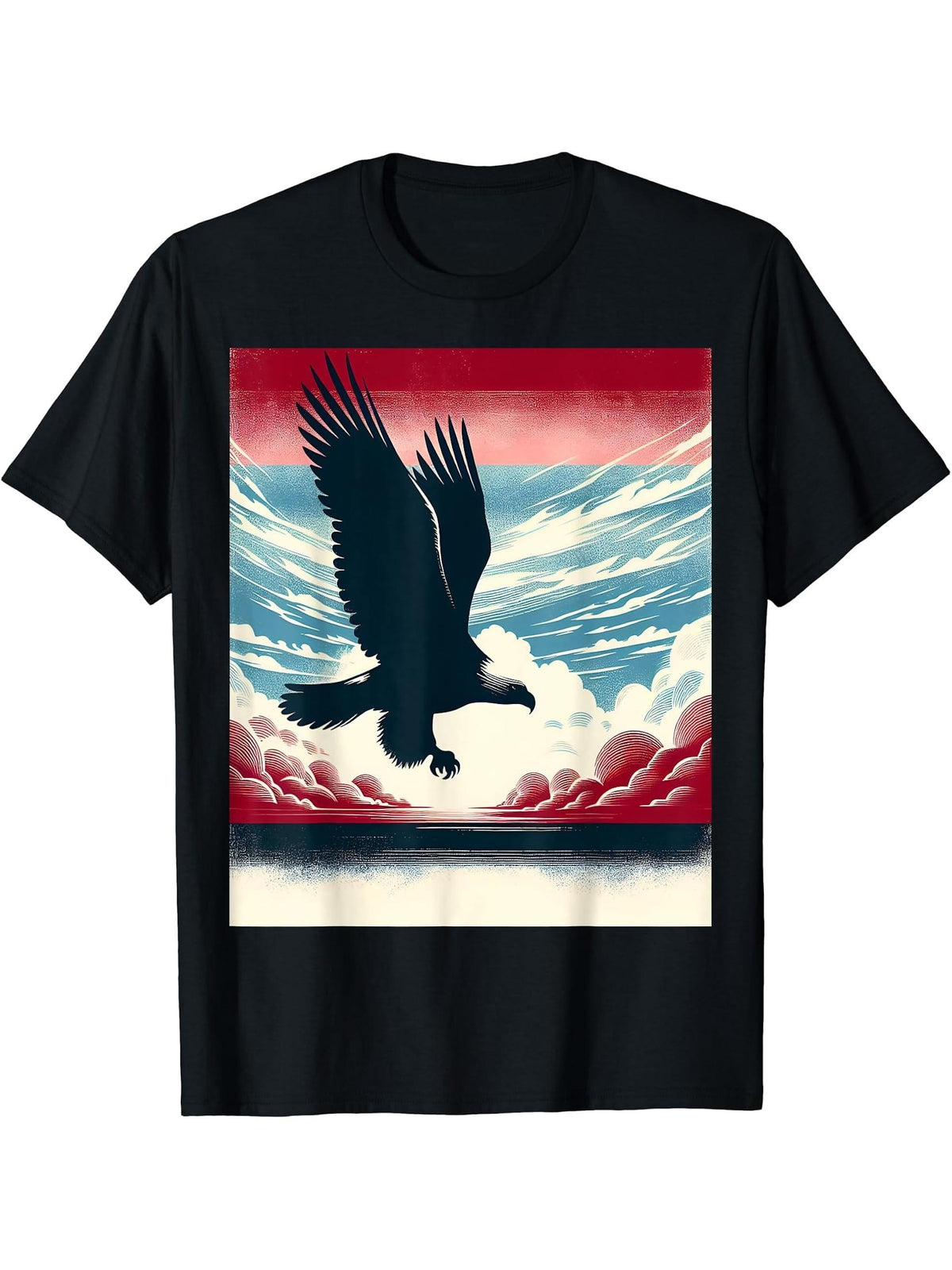 Bald Eagle Hunting With Flag In Sky T-Shirt 180G 100% Cotton Printed Round Neck Short-Sleeve T-Shirt, Gifts for Men Dad Husband Grandpa, S-XXXL, Black