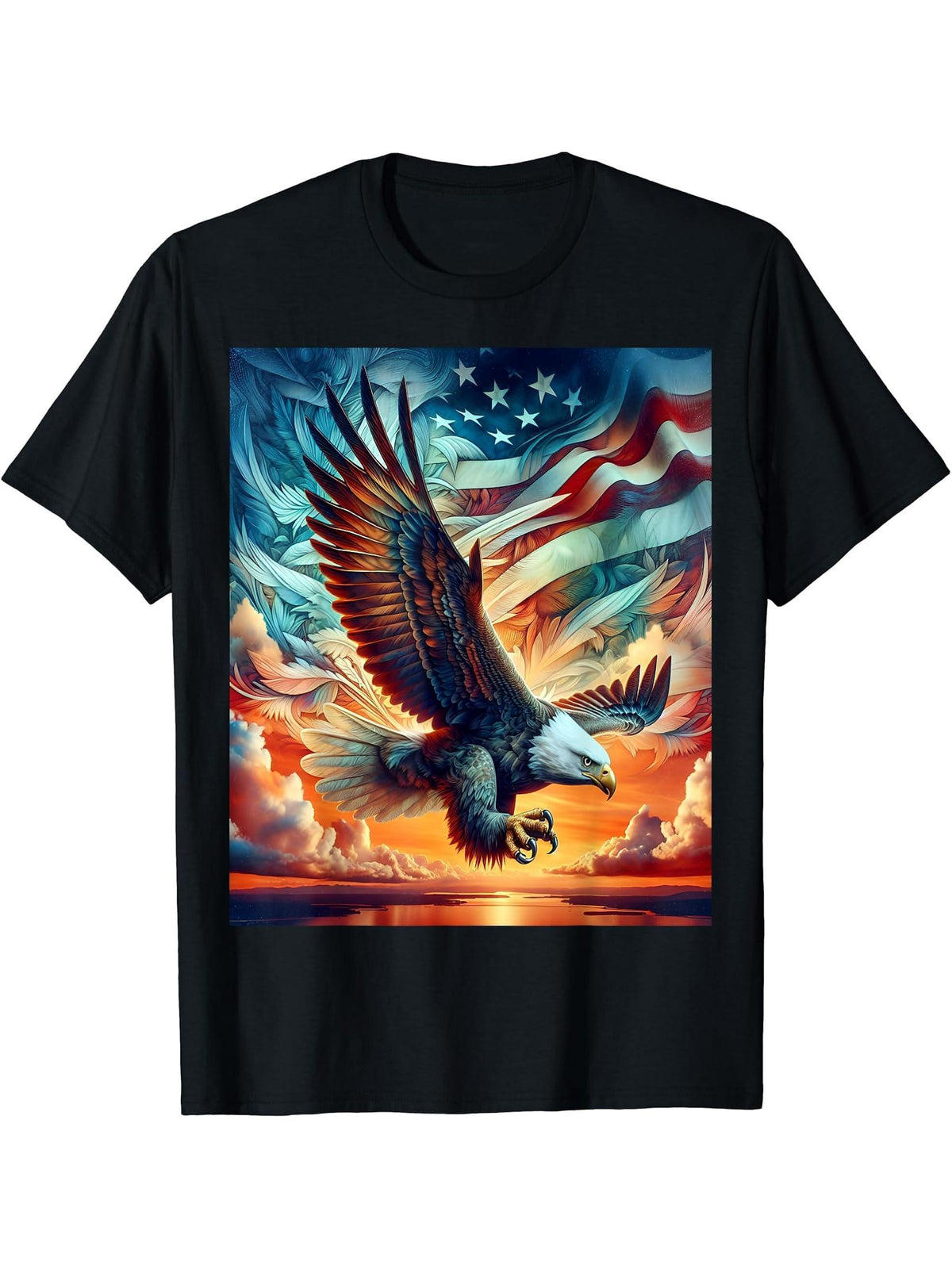 Bald Eagle Hunting With Flag In Sky T-Shirt 180G 100% Cotton Printed Round Neck Short-Sleeve T-Shirt, Gifts for Men Dad Husband Grandpa, S-XXXL, Black