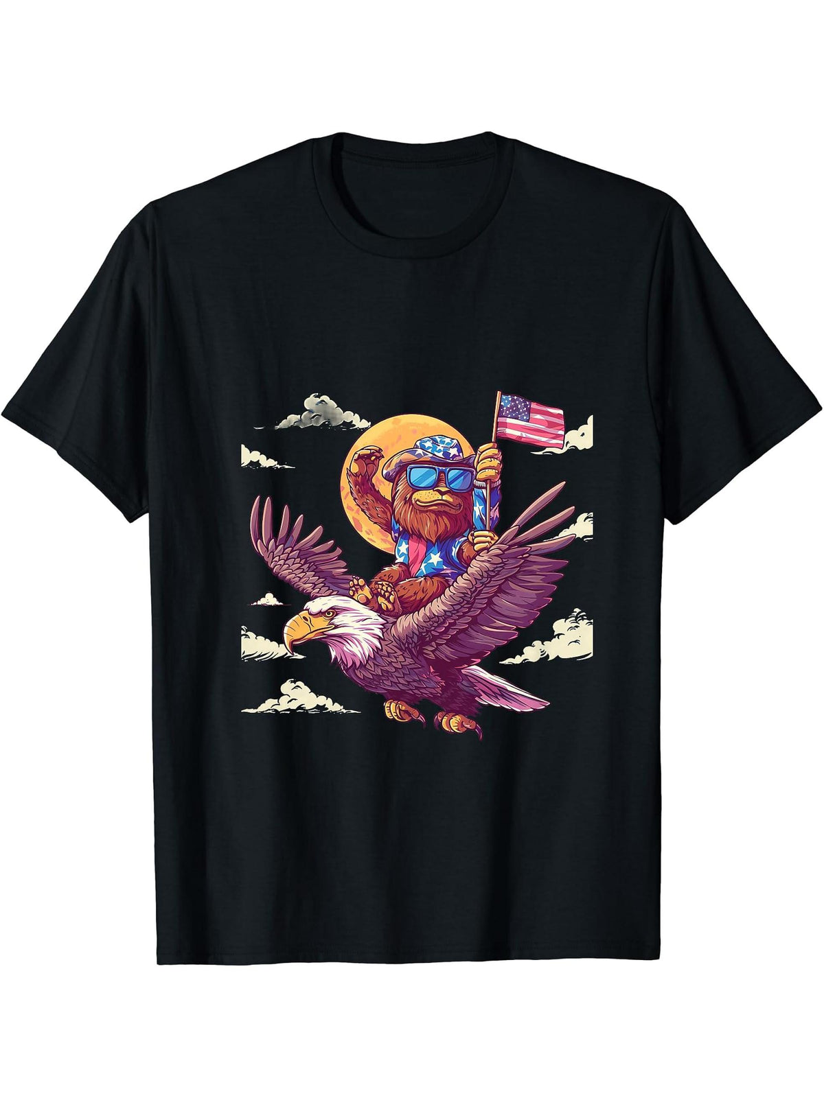Fourth Of July Bald Eagle Monkey American Flag Patriotic T-Shirt 180G 100% Cotton Printed Round Neck Short-Sleeve T-Shirt, Gifts for Men Dad Husband Grandpa, S-XXXL, Black