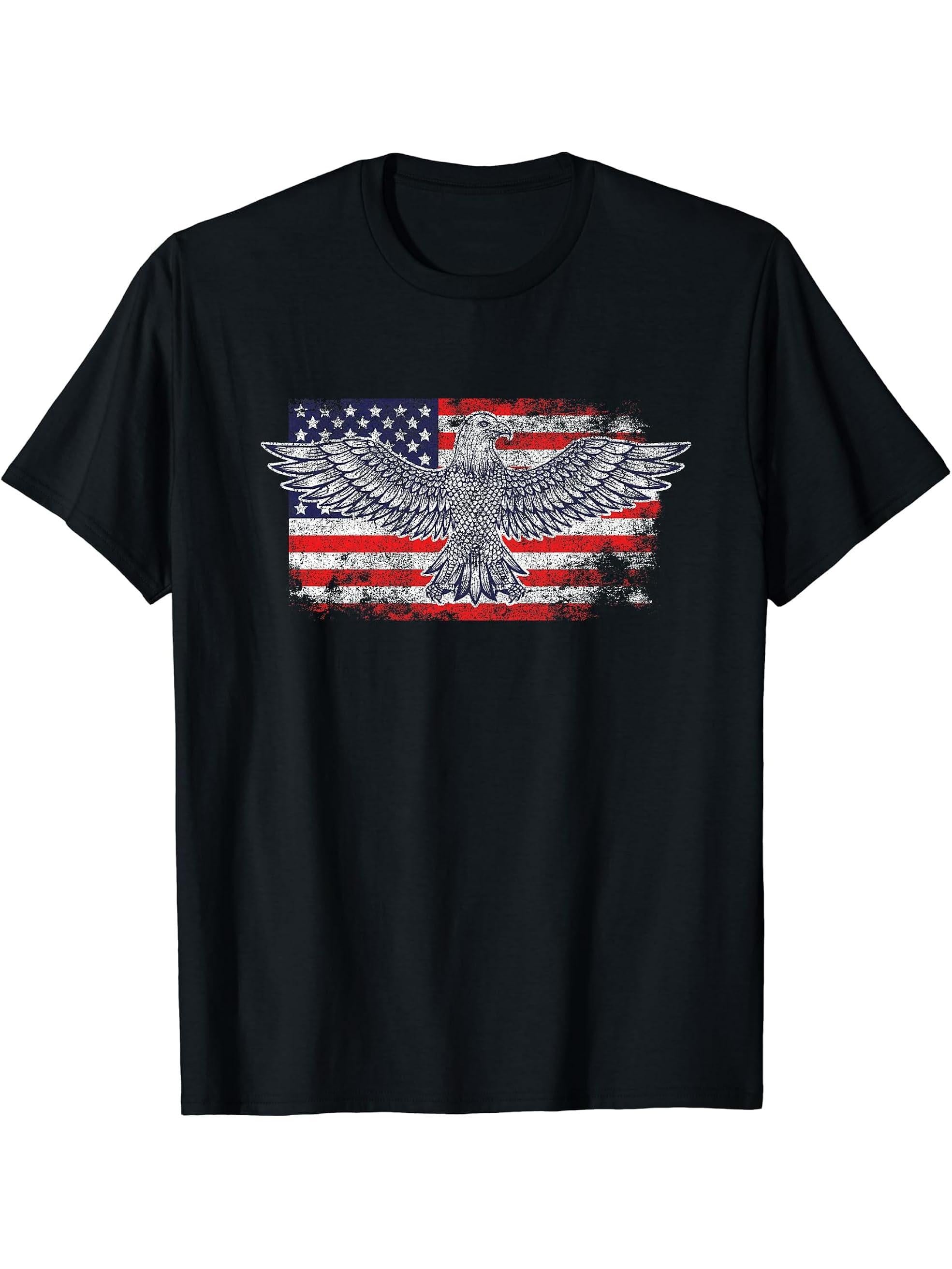 American Bald Eagle American Flag T-Shirt 180G 100% Cotton Printed Round Neck Short-Sleeve T-Shirt, Gifts for Men Dad Husband Grandpa, S-XXXL, Black
