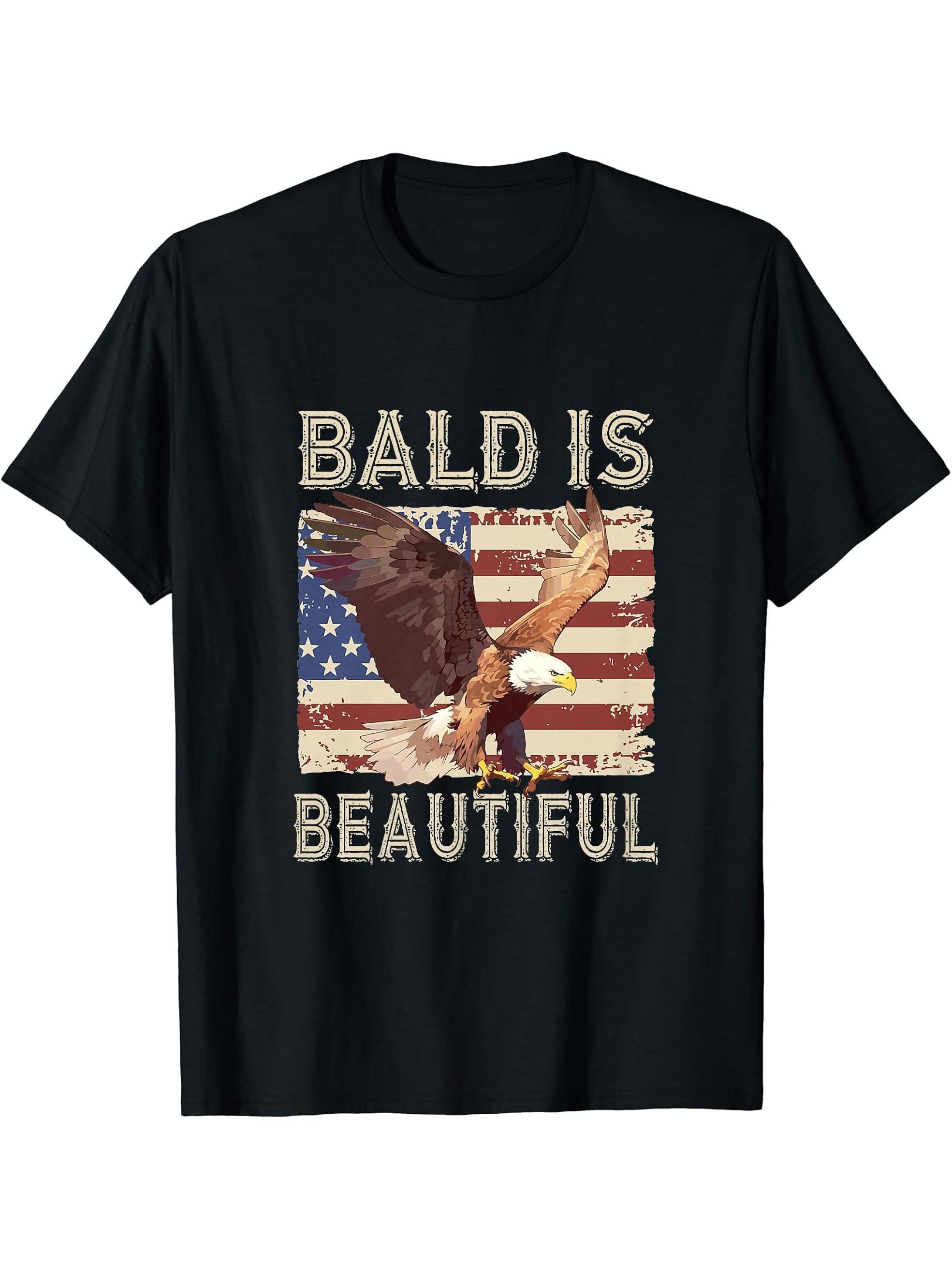 Bald Is Beautiful Bald Eagle T-Shirt 180G 100% Cotton Printed Round Neck Short-Sleeve T-Shirt, Gifts for Men Dad Husband Grandpa, S-XXXL, Black