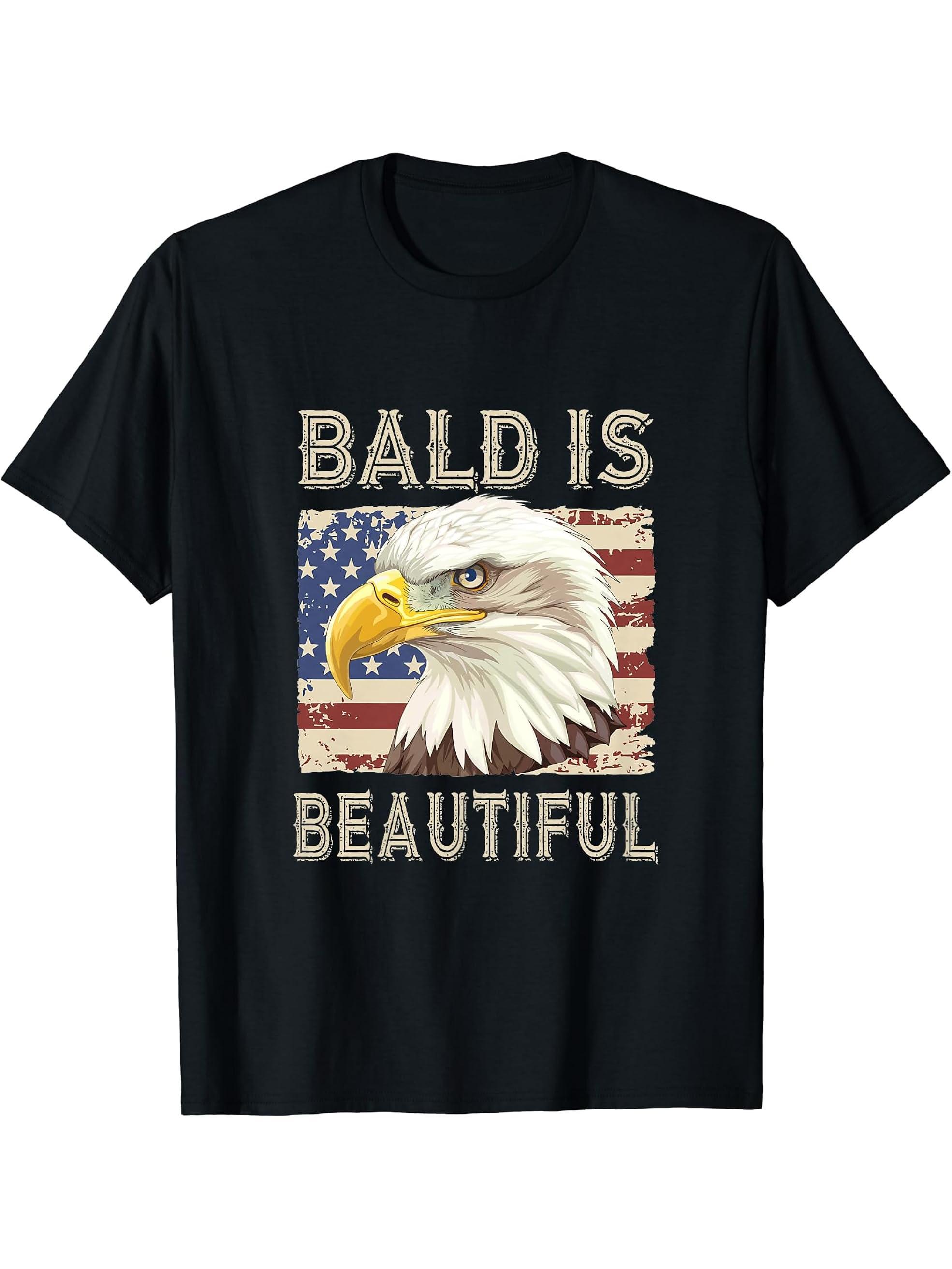 Bald Is Beautiful Bald Eagle T-Shirt 180G 100% Cotton Printed Round Neck Short-Sleeve T-Shirt, Gifts for Men Dad Husband Grandpa, S-XXXL, Black